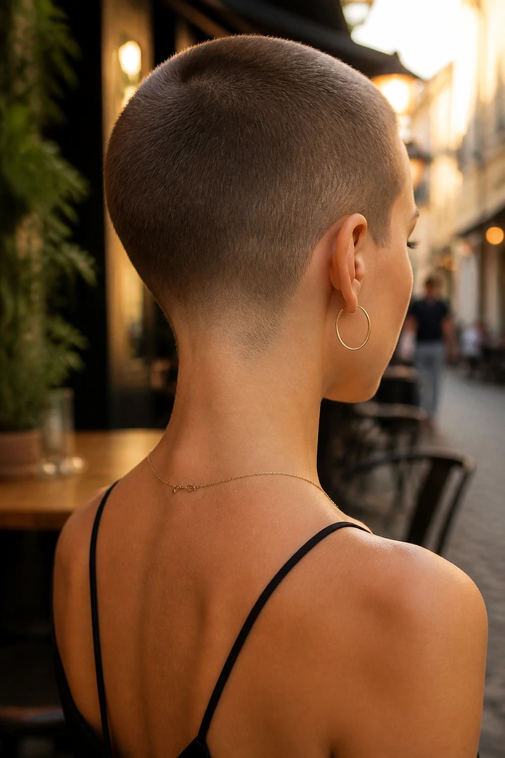 Portrait of a real person with a tapered nape buzz from the back three-quarter view
