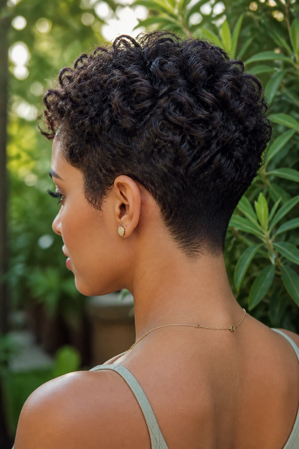 Close-up portrait of a real woman with a tapered nape crop for dense curls in soft sunlight