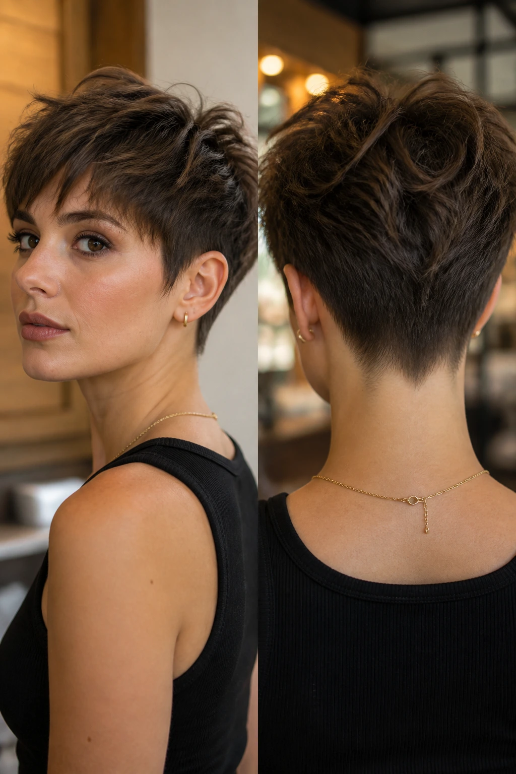 Close-up portrait of a real person with a tapered nape crop hairstyle in a warm salon
