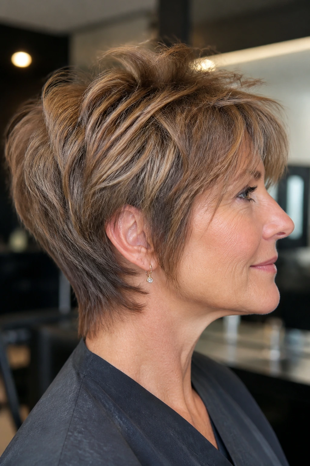 Close-up portrait of a real person with tapered nape and full crown shag.