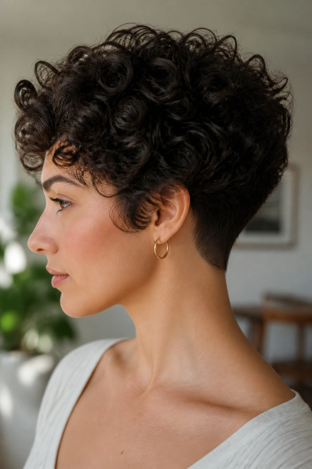 Close-up portrait of a real person with a tapered nape and fuller sides on 3A curls.