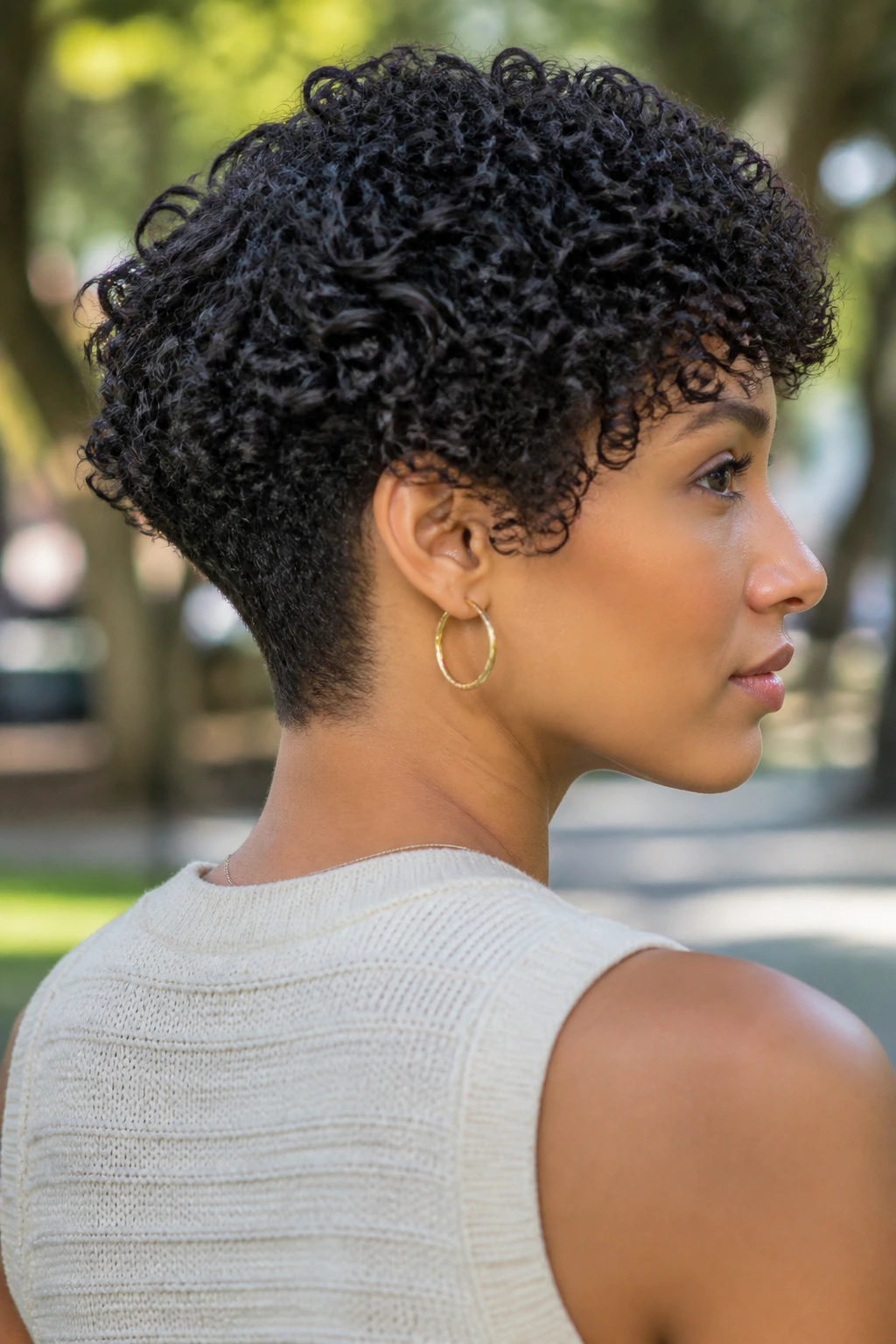 Close-up portrait of a real woman with a tapered nape curly bob in natural sunlight
