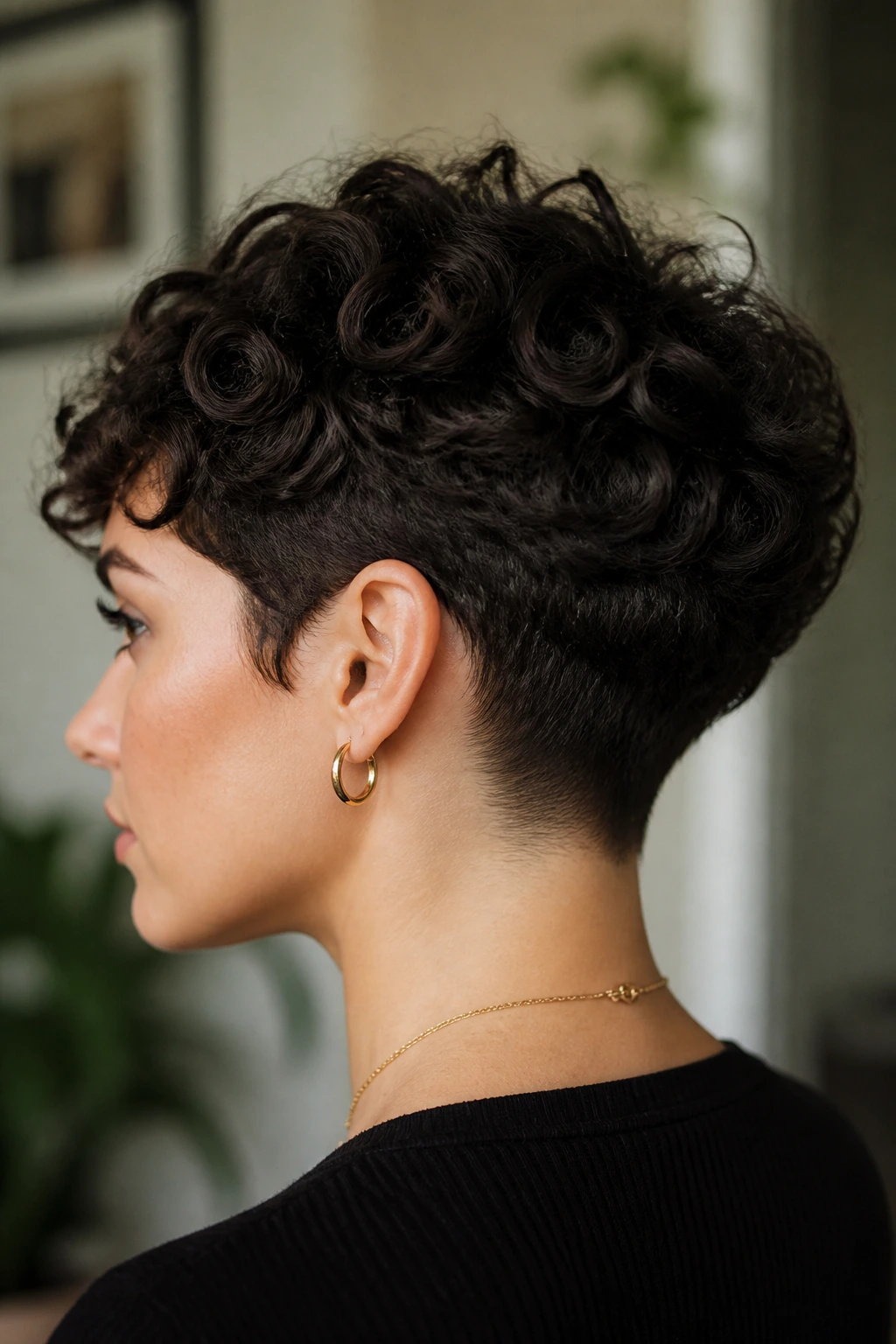 Profile view of a person with a tapered nape on a curly pixie