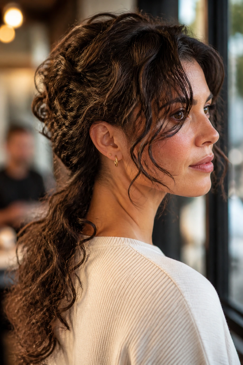 3/4 profile of a real woman with tapered nape and long curtain front curls.
