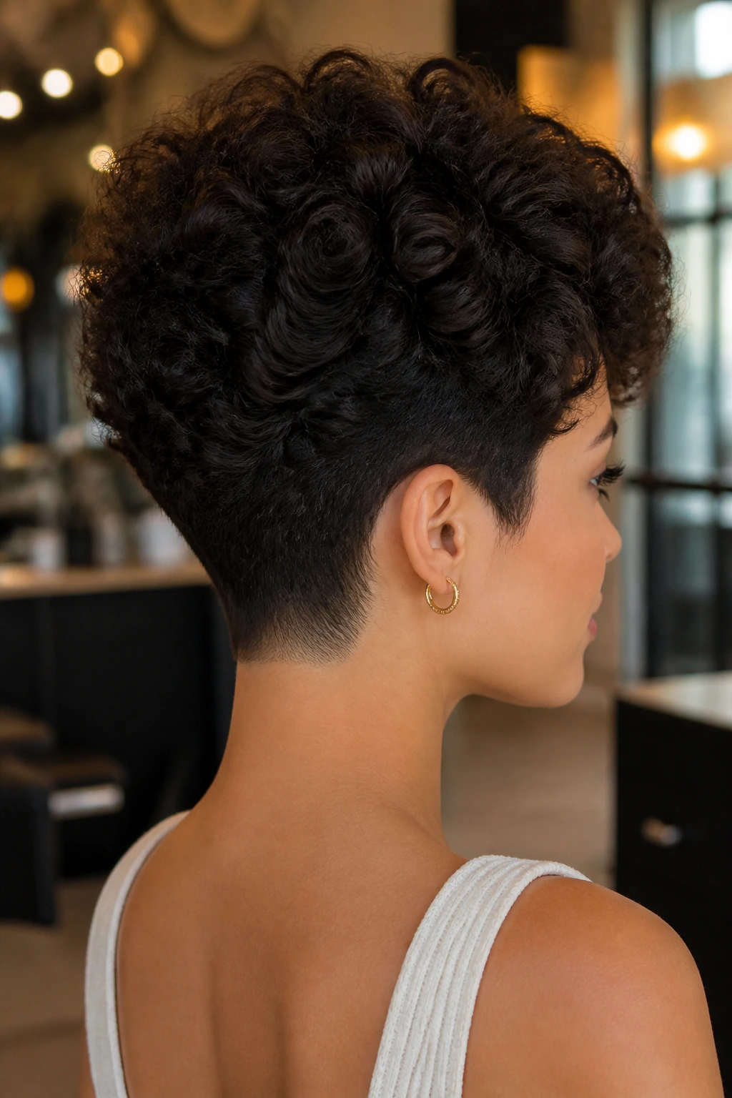 Close-up of a real woman's head showing a tapered nape cut with a tapered neck and buoyant curls