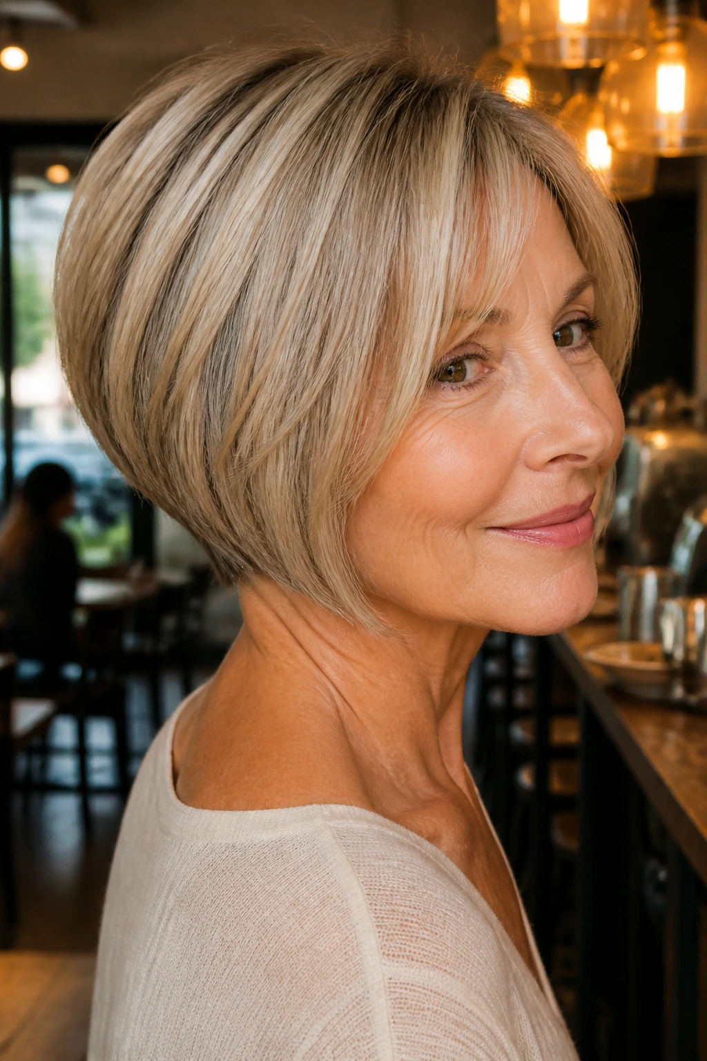 Portrait of a real woman showing a tapered nape lob with a neat neckline.
