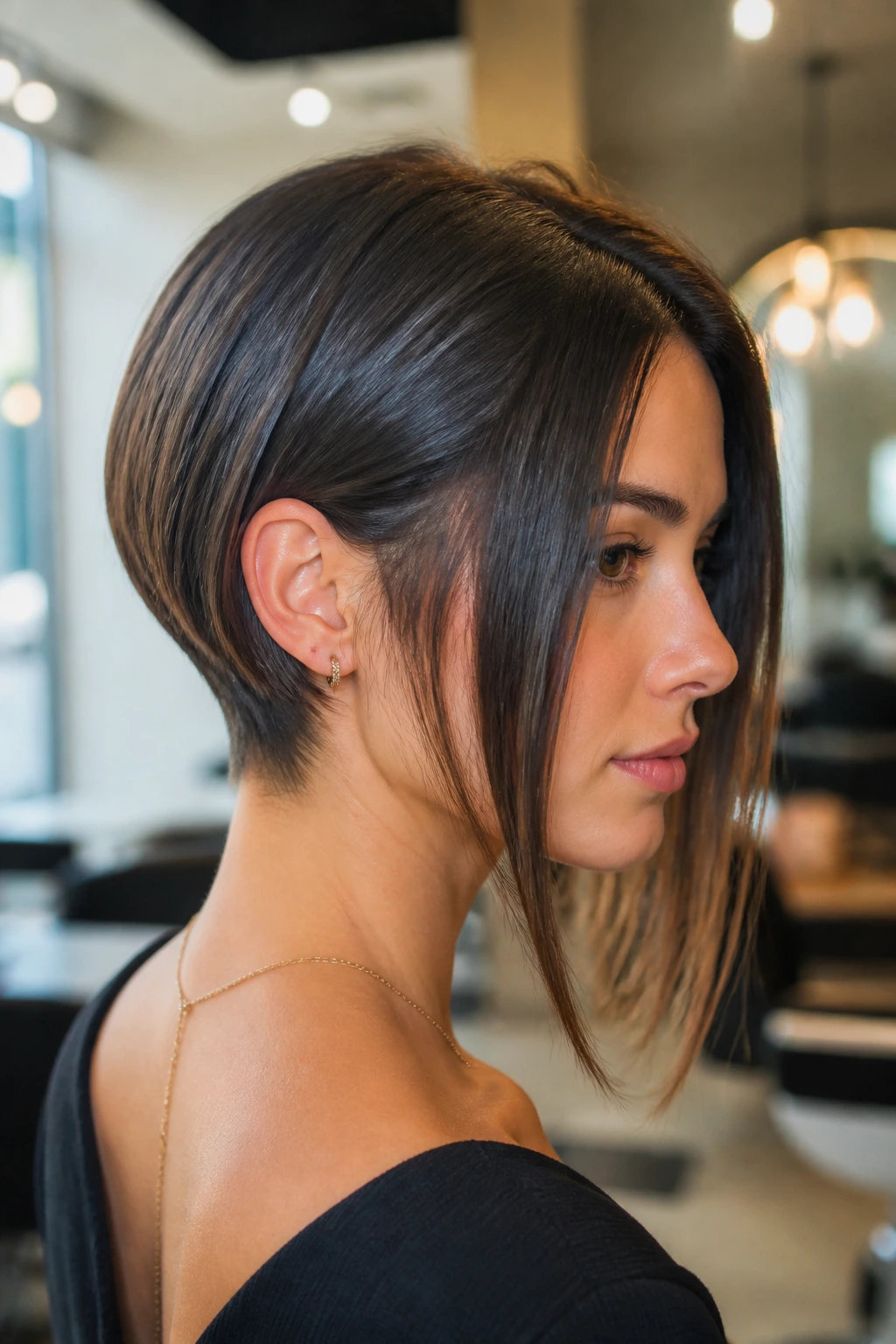 Close-up of real woman with tapered nape and long fronts