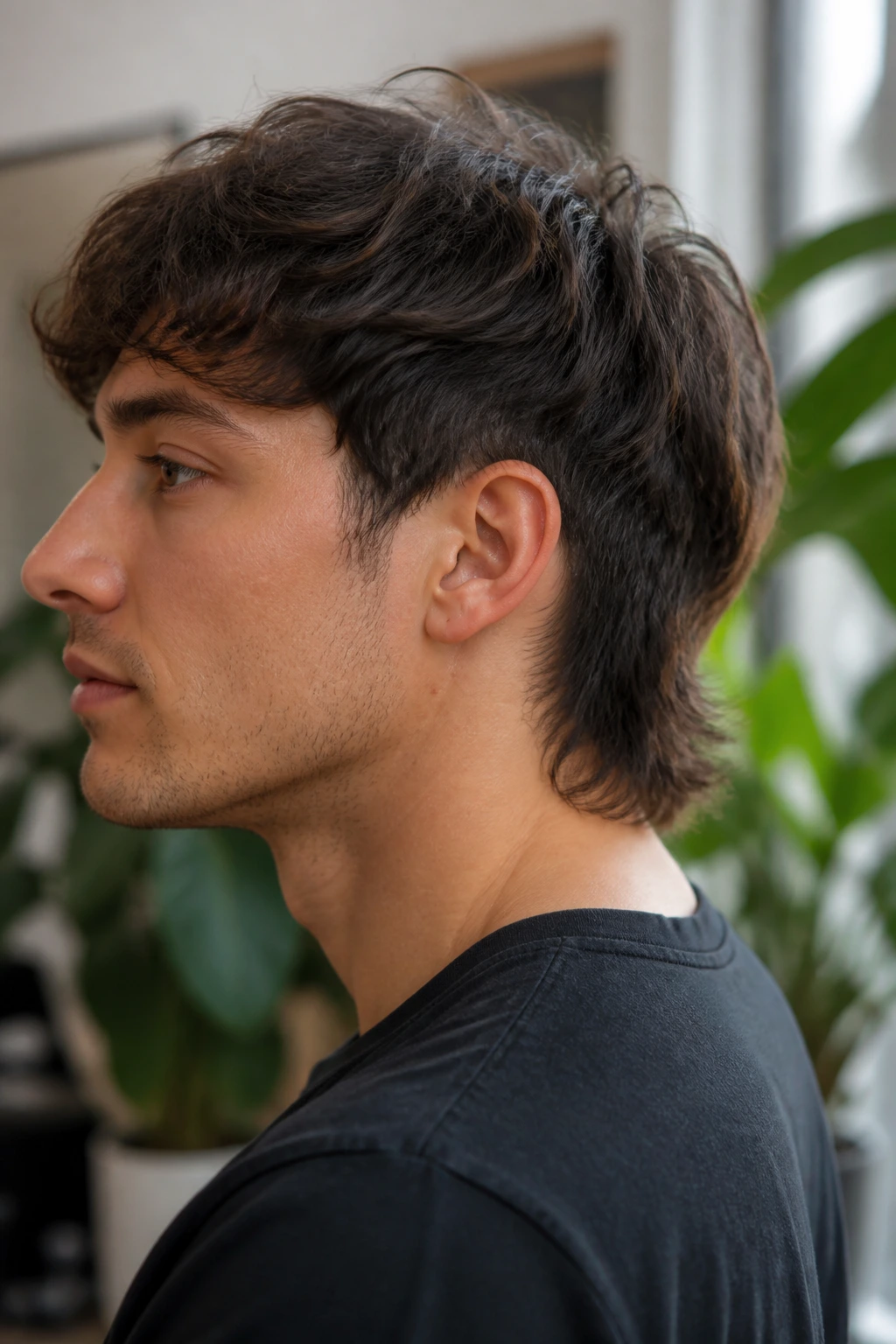 Close-up of a real person with tapered nape mullet in a modern interior