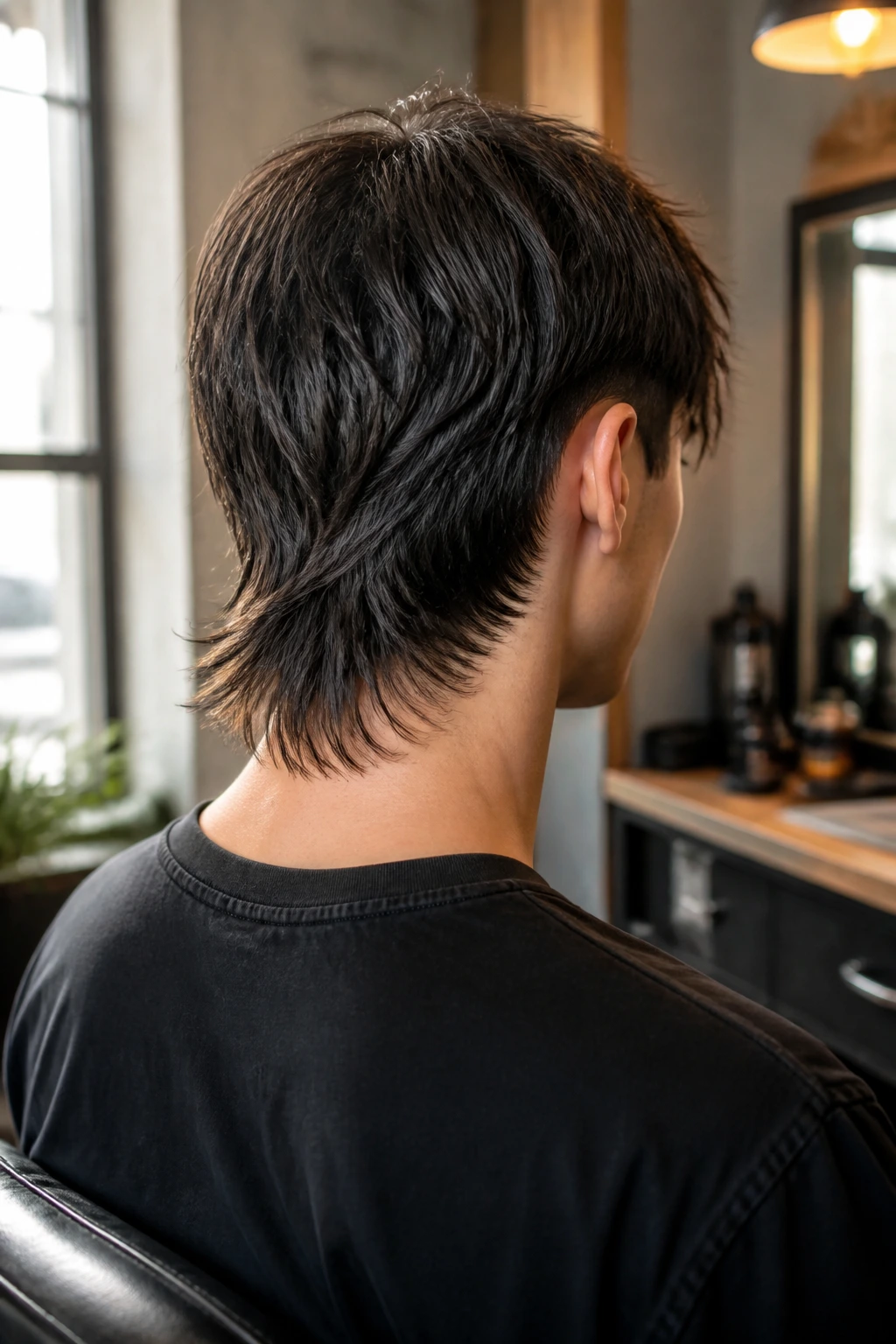 Back-focused portrait showing tapered nape mullet on real person