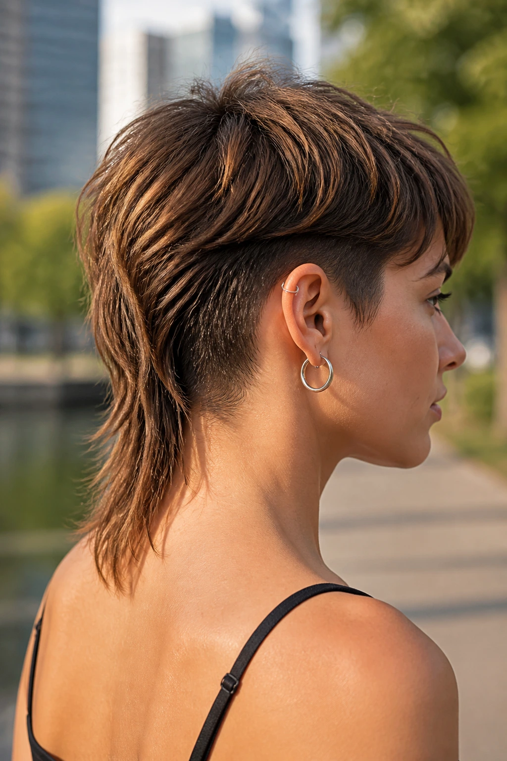 Close-up of real woman with tapered nape mullet showing shaved nape and longer top
