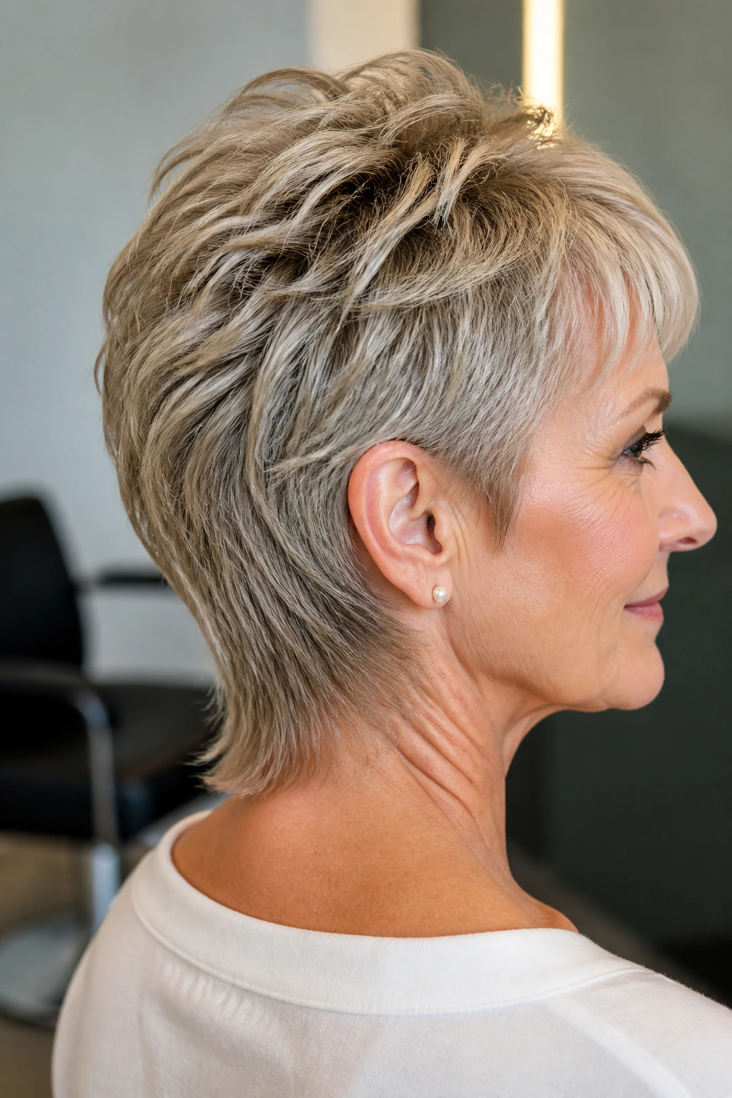 Close-up portrait of a real woman with a tapered nape mullet and clean edges in a salon