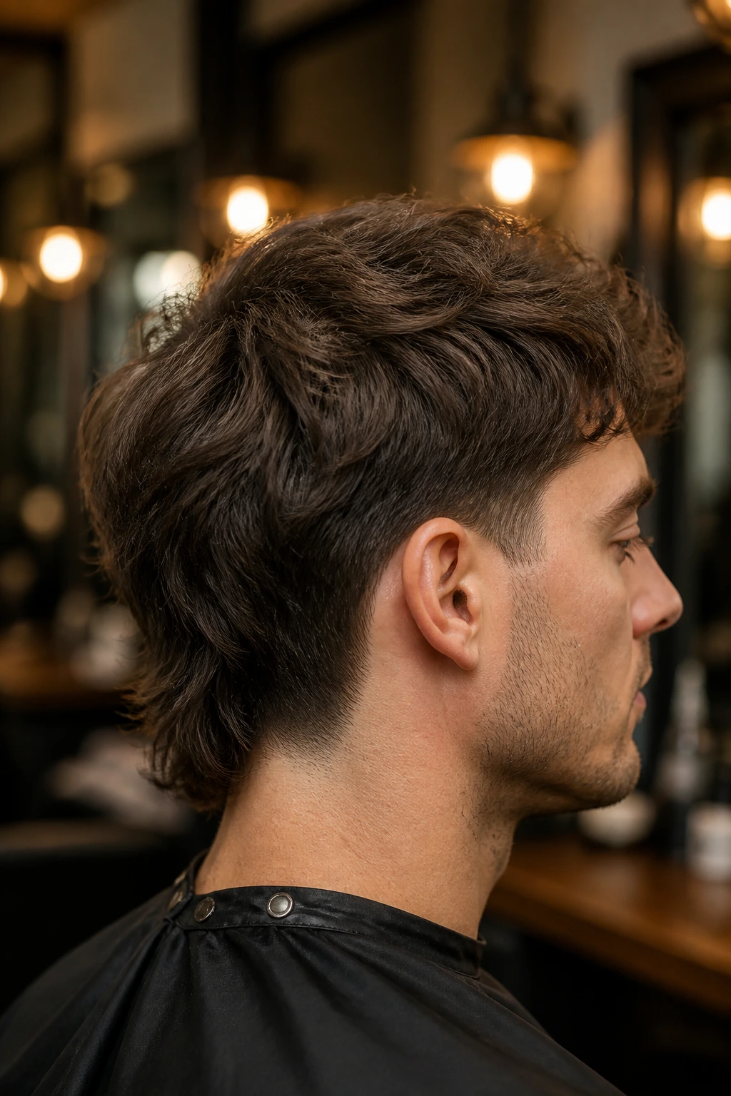 Close-up portrait of a real person showing tapered nape mullet with soft finish in a warm salon.