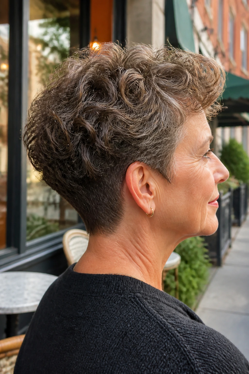 Side-profile of an older woman showing tapered nape perm cut with neck hugged