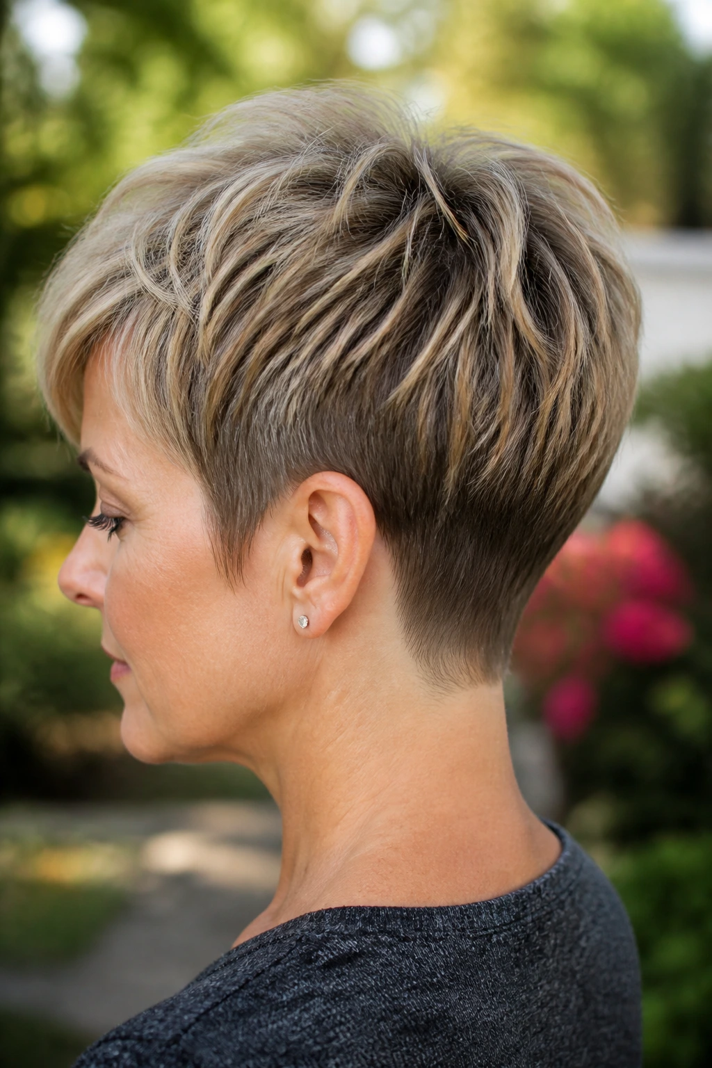 Close-up of a real person with tapered nape pixie hairstyle