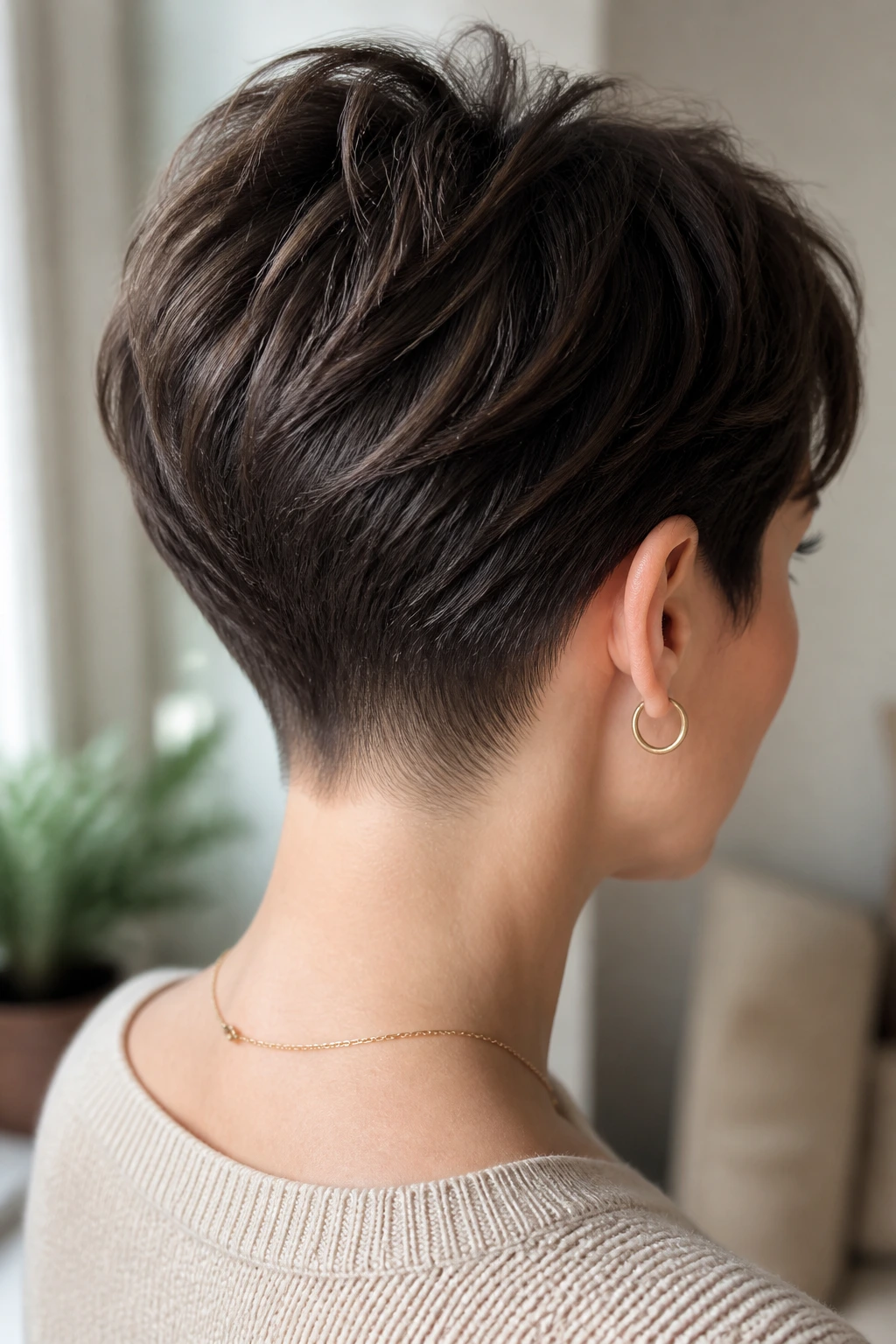 Real person with a tapered nape pixie showing a clean neck and smooth silhouette