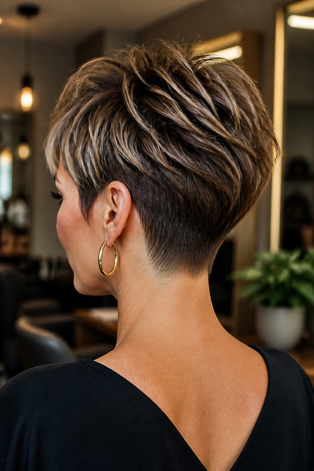 Three-quarter back view of a real woman with a tapered nape pixie