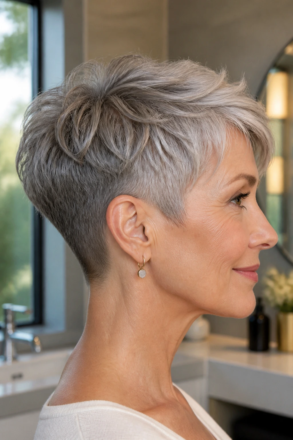 Real woman with tapered nape pixie showing close neckline and crown.