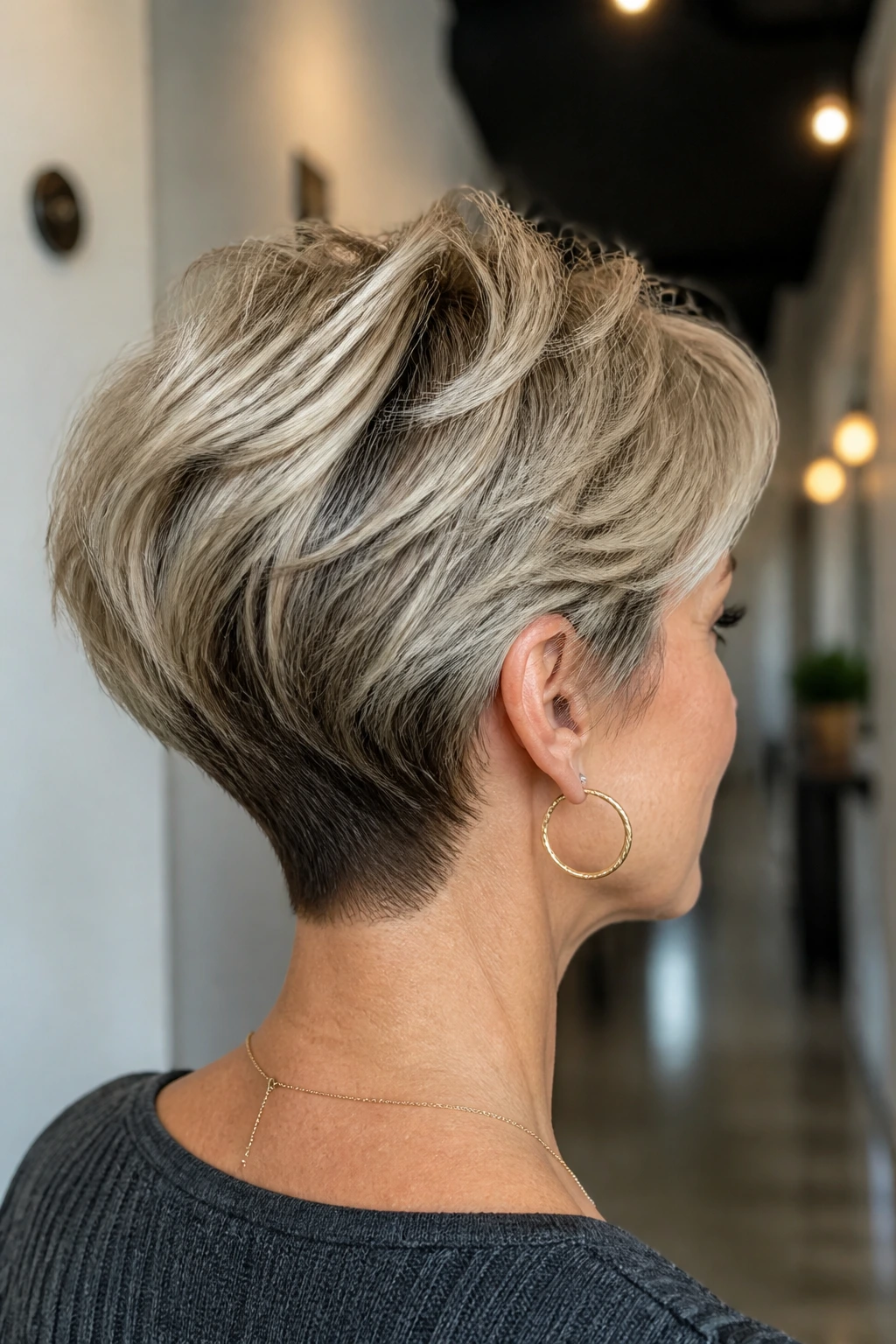 Back of head showing tapered nape pixie on real woman in hallway lighting