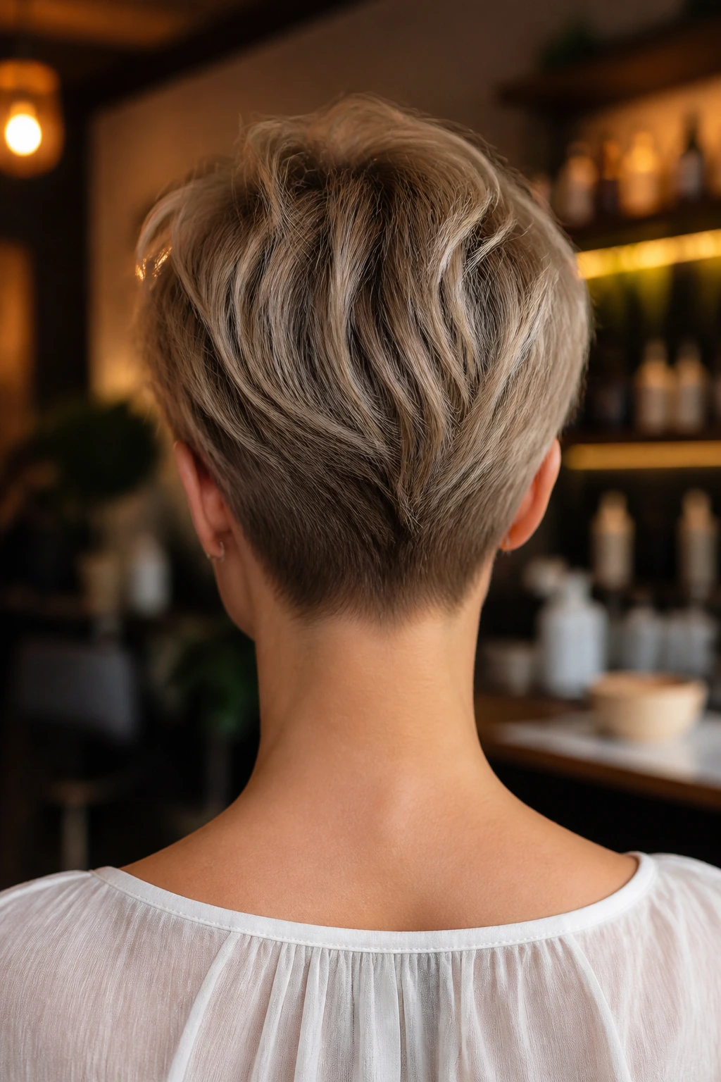 Back view of a real person with a tapered nape pixie in a cozy cafe