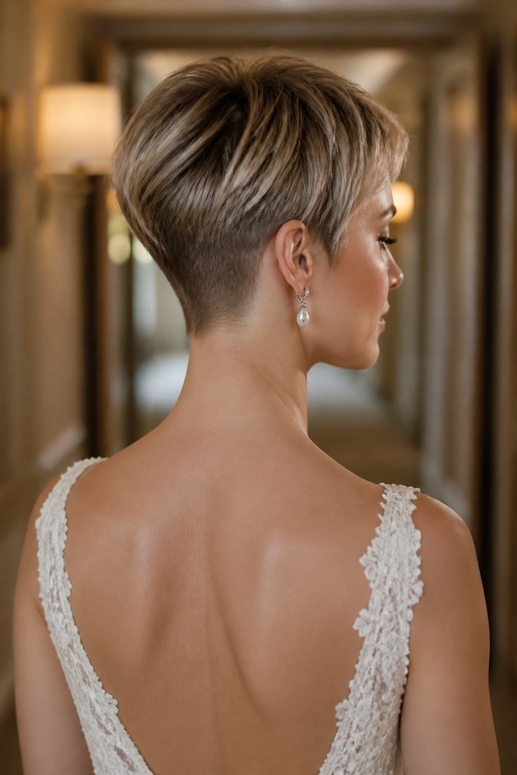 Three-quarter rear portrait of a bride showing a tapered nape pixie.