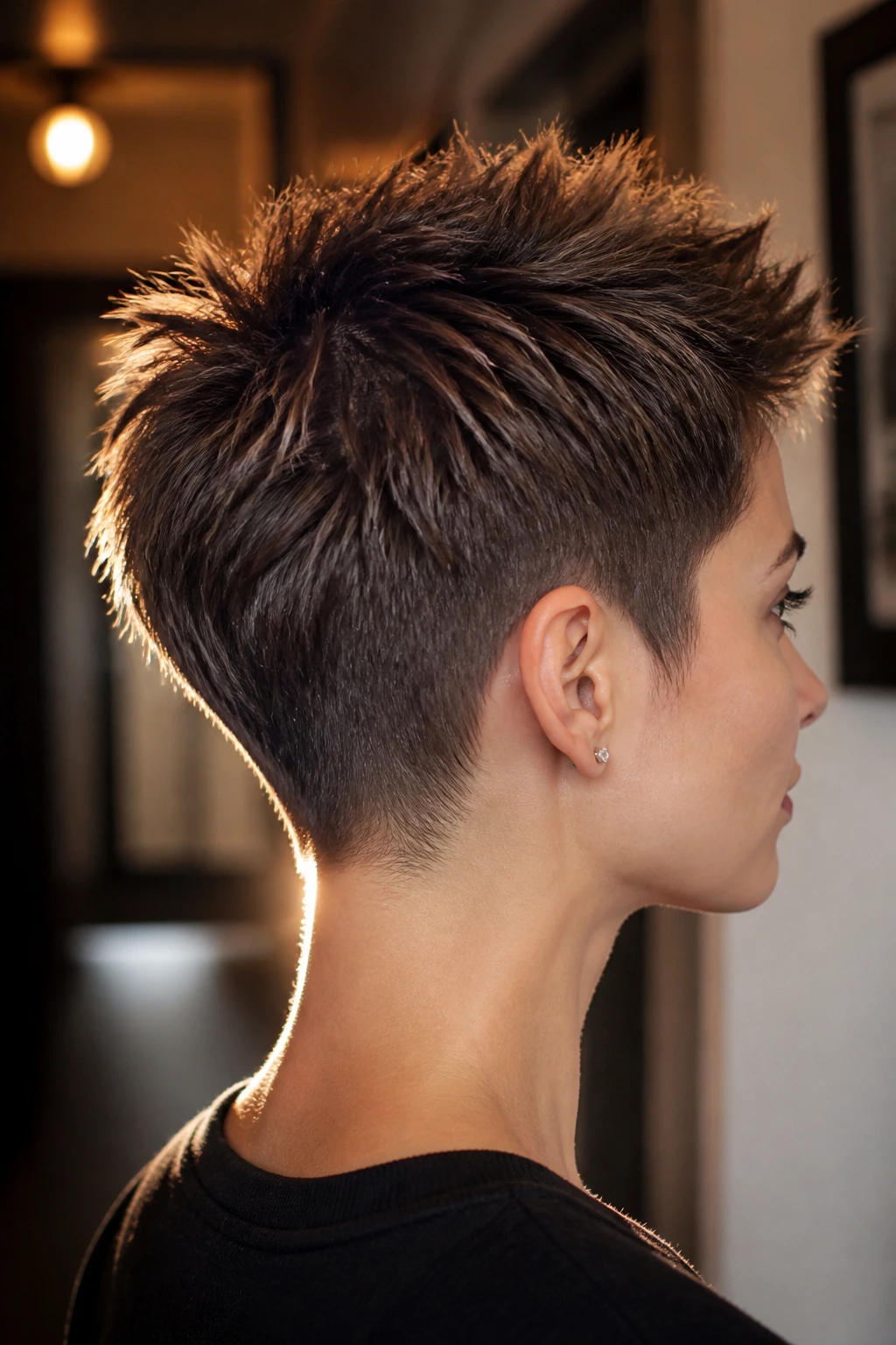 Close-up portrait of a real woman with a tapered nape spike pixie hairstyle