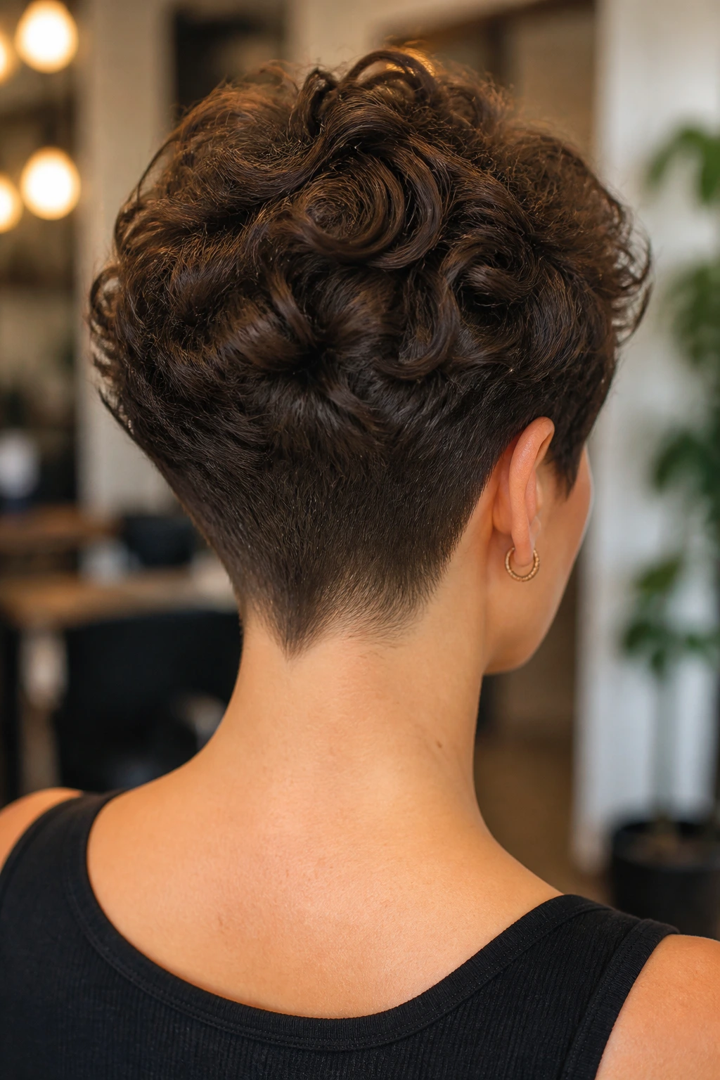 Back view of a real person with tapered nape pixie and defined crown curls.