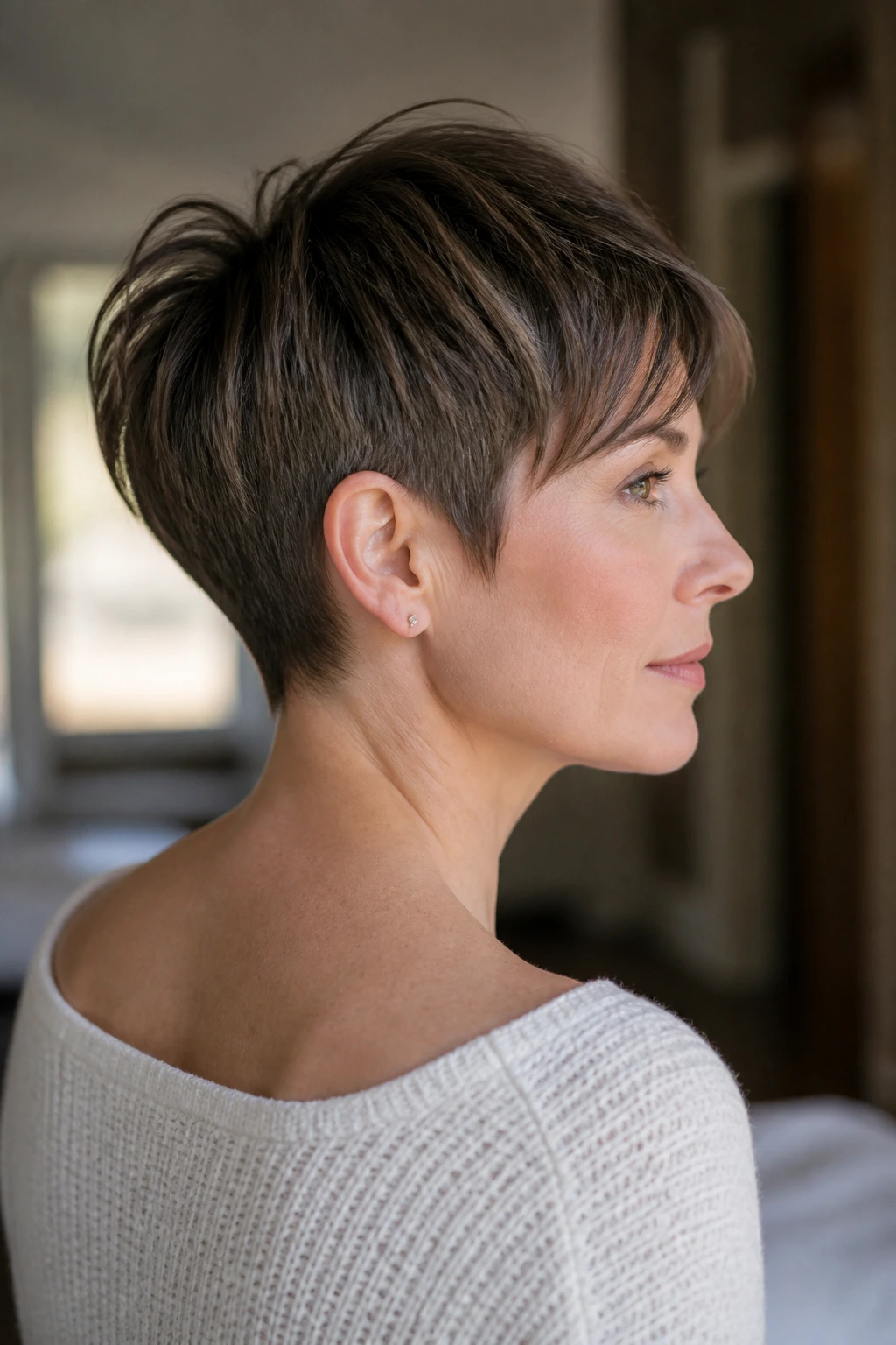 Close-up of a real person with a tapered nape pixie hairstyle