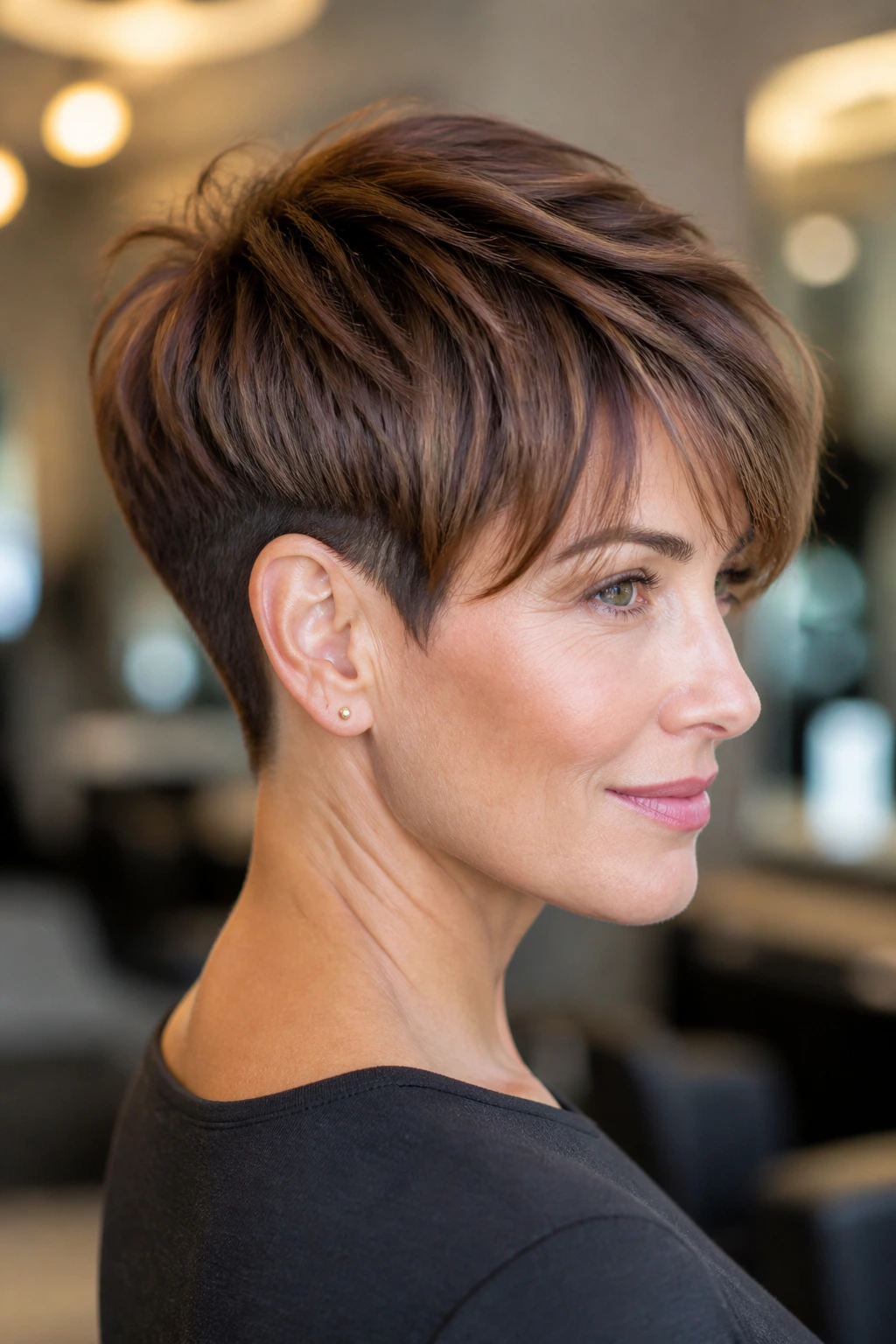 Close-up portrait of a real woman with tapered nape pixie showing clean back and movement on top