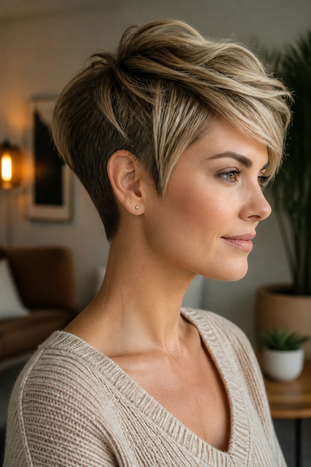 Medium close-up of a real person with a tapered nape pixie and long crown