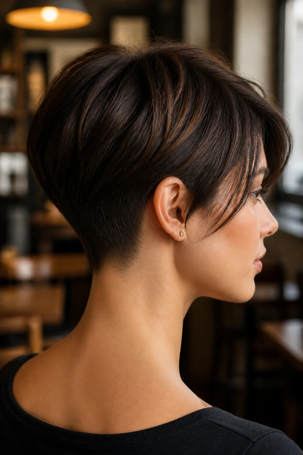 Portrait of a person with tapered nape pixie showing clean neck line