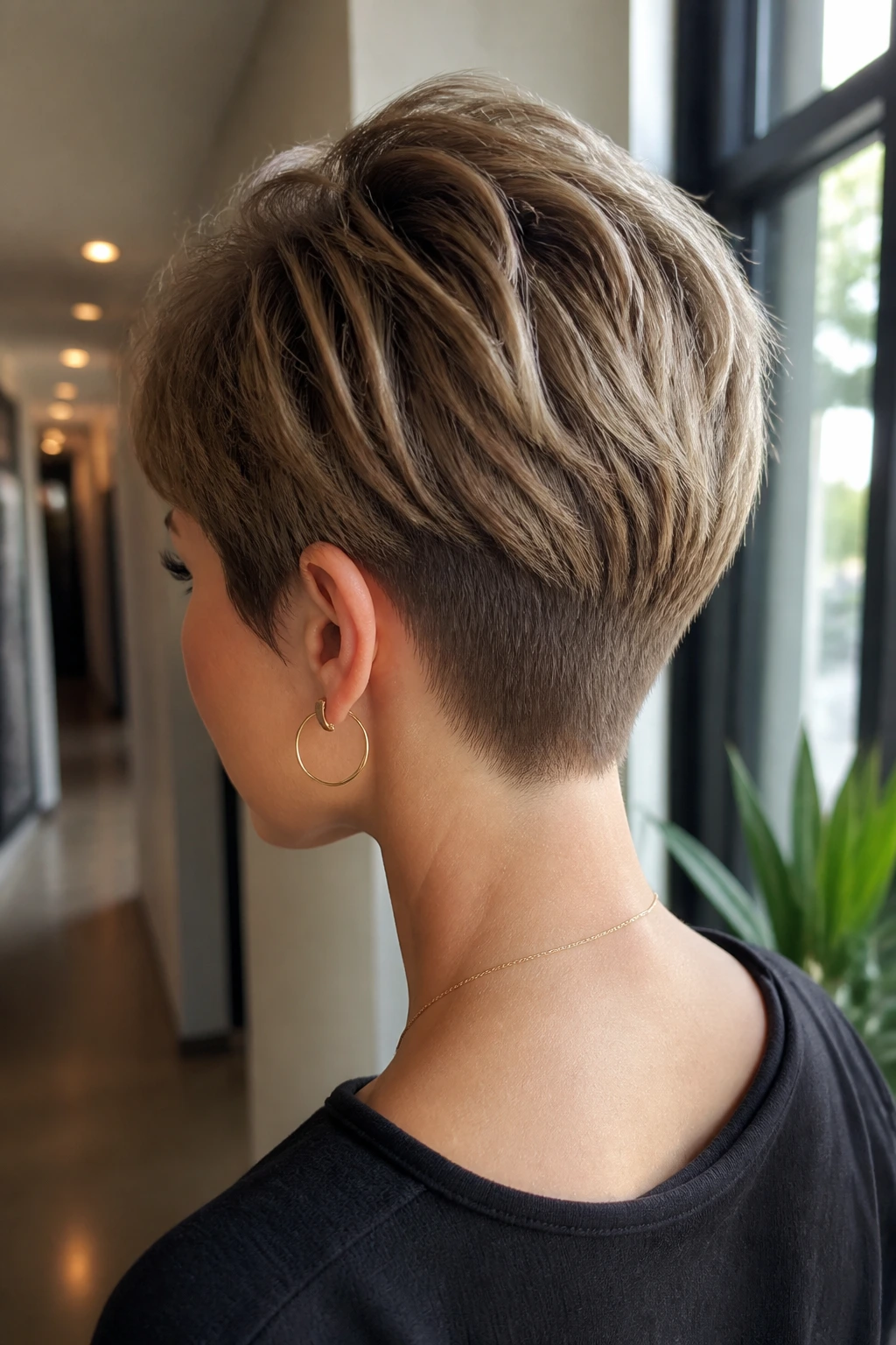 Rear-profile portrait showing tapered nape pixie with longer top