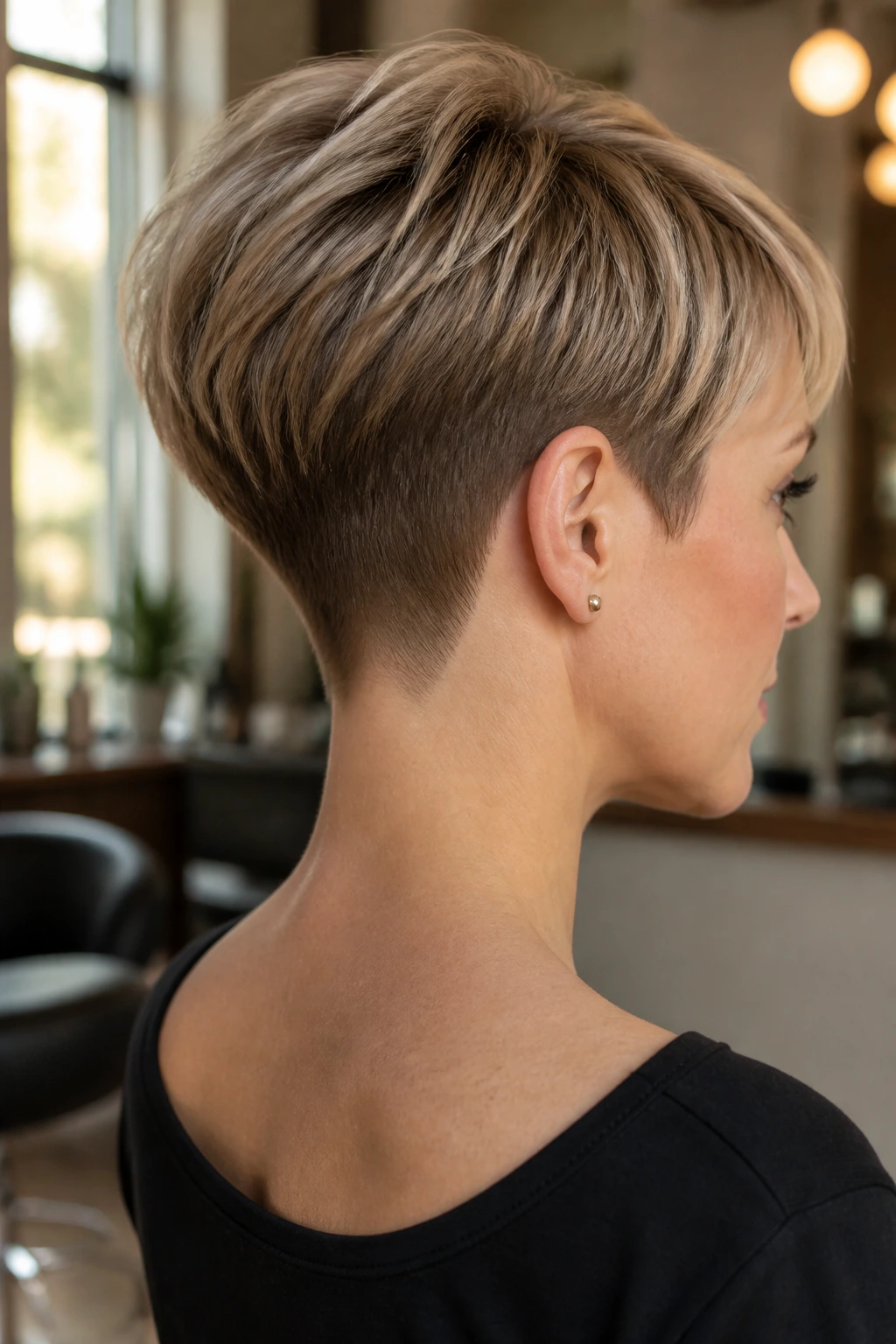 Close-up portrait of a real woman with a tapered nape pixie cut in a warm salon