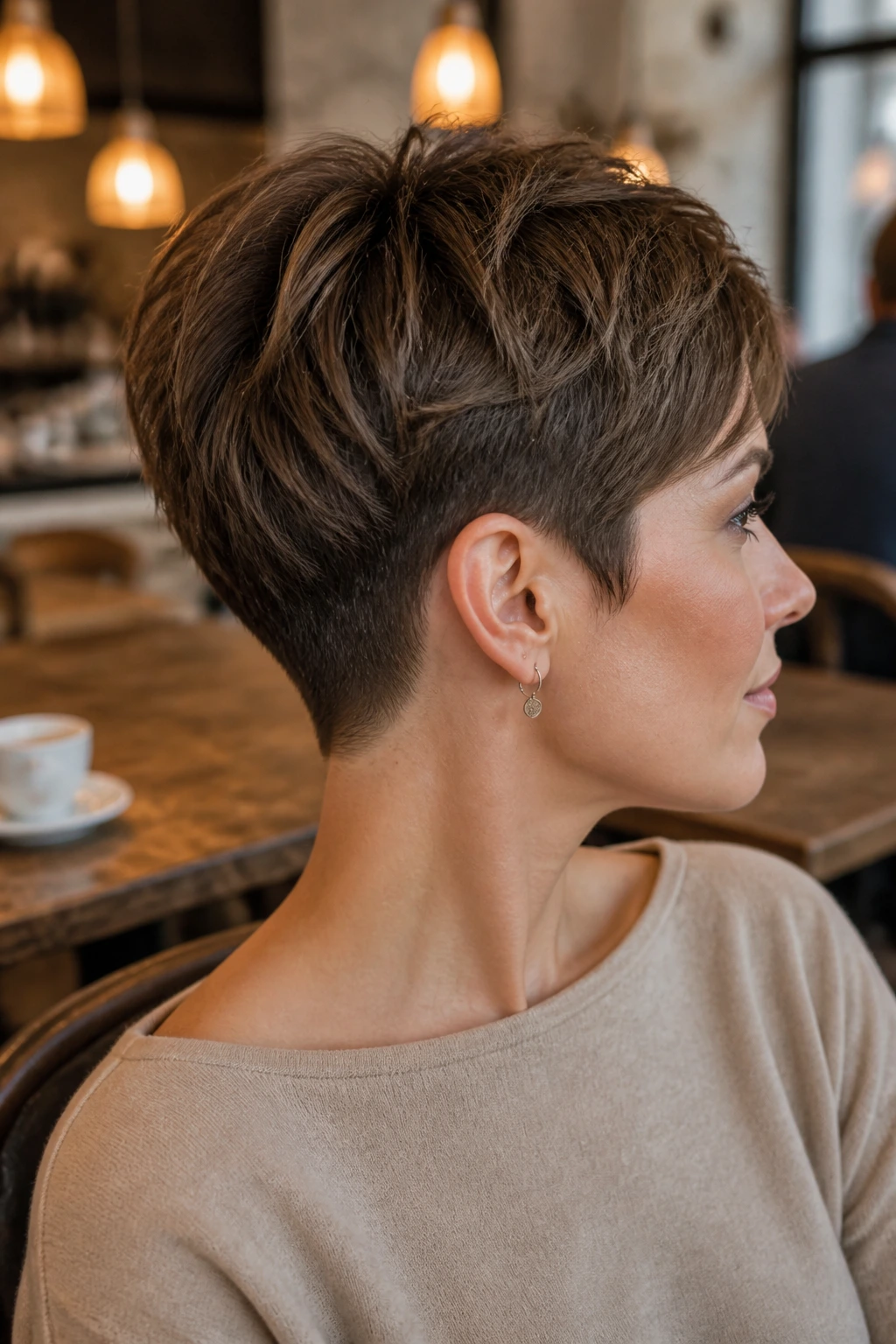 Side-profile of real woman with tapered nape pixie showing neck taper