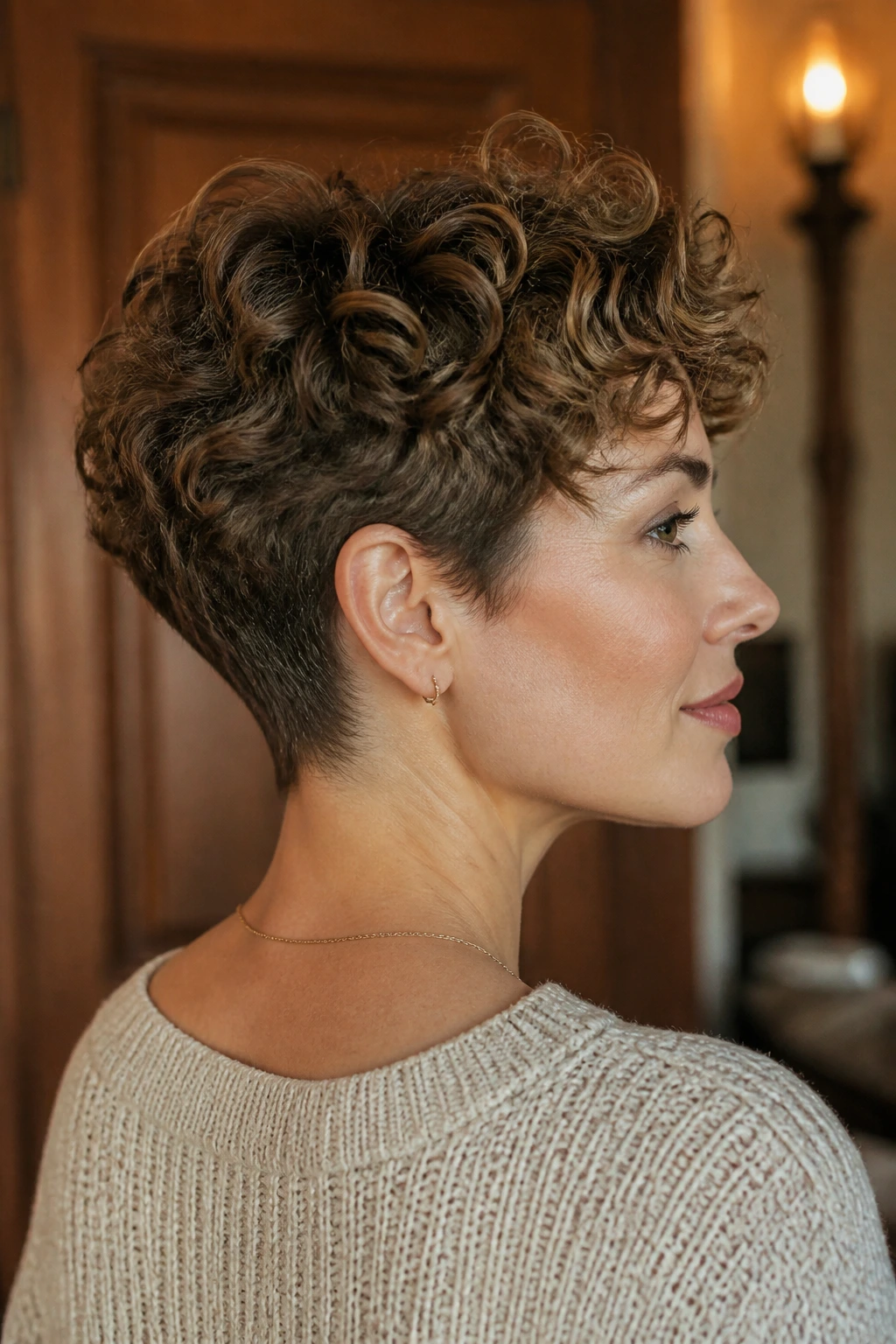 Close-up of a real woman with a tapered nape pixie and vintage curls.