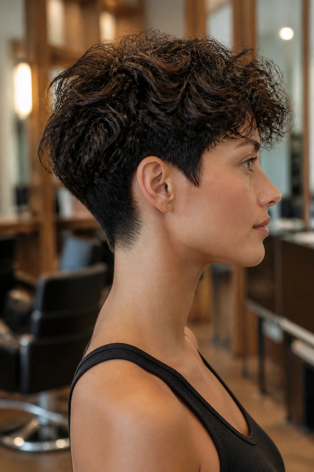 Side-profile of woman with tapered nape pixie wolf haircut