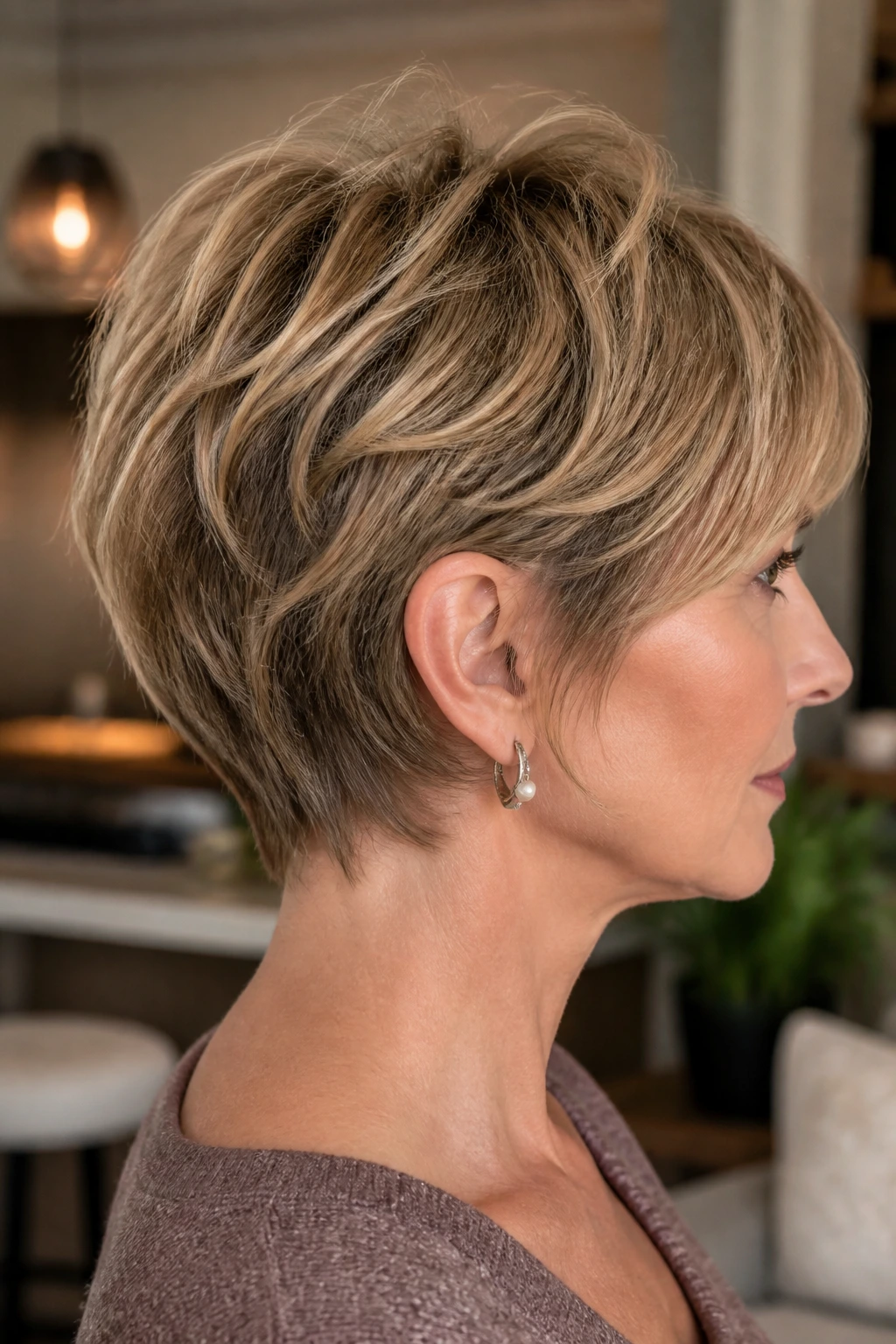 Side profile of a real person showing a tapered nape shag in warm indoor light