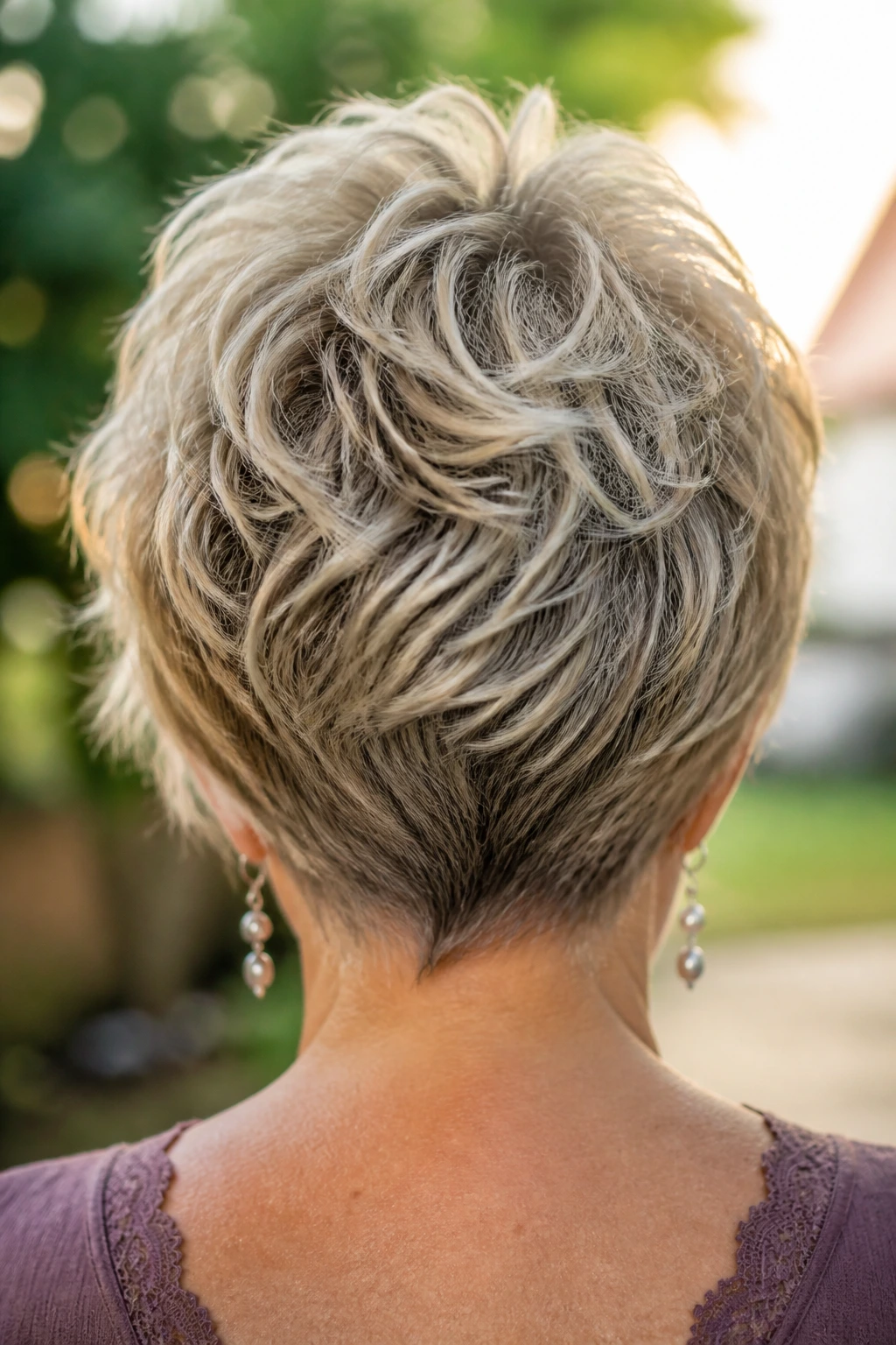 Back of head view showing a tapered nape shag on a real person