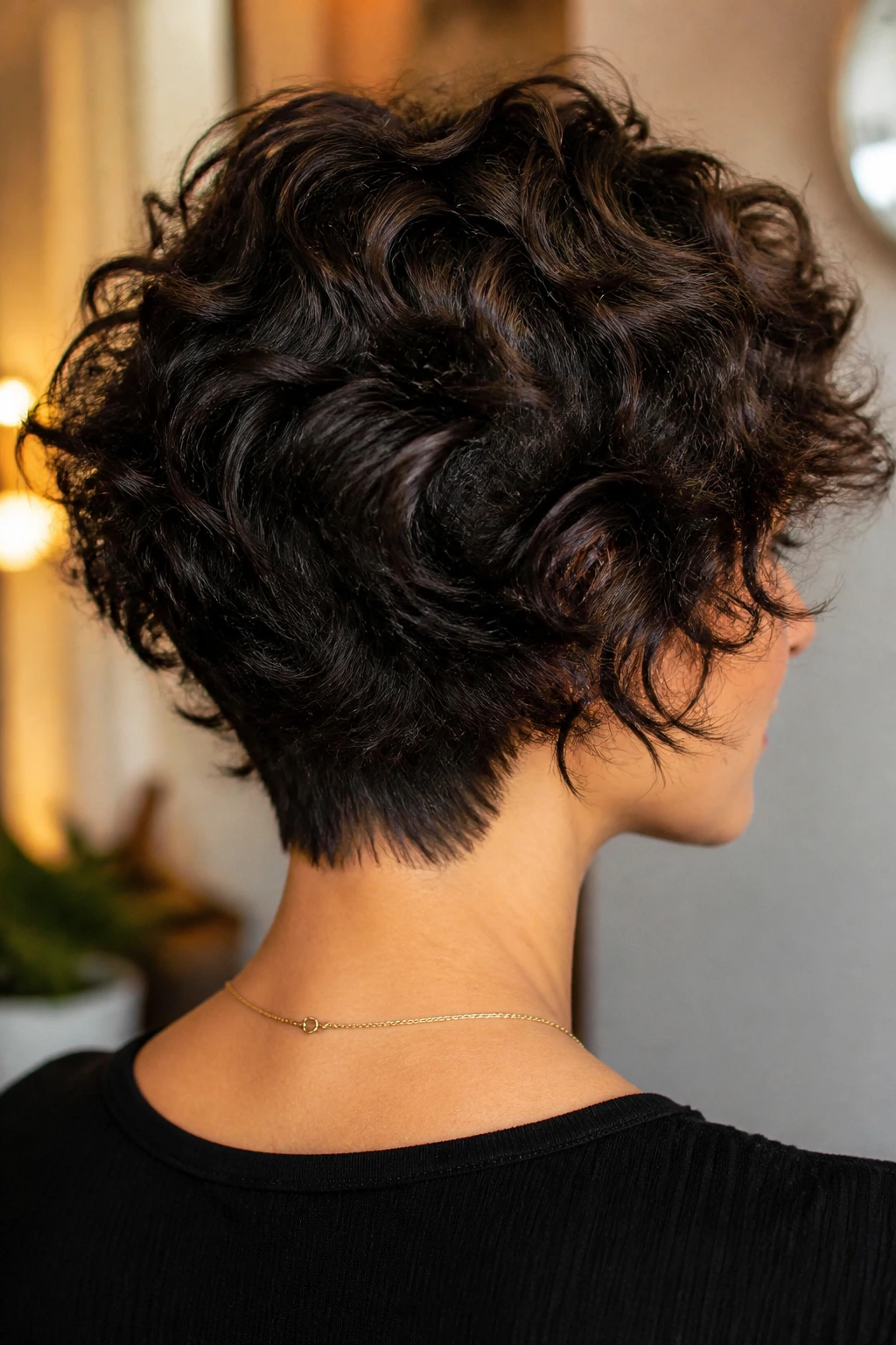 Back view of tapered nape shag on thick curls