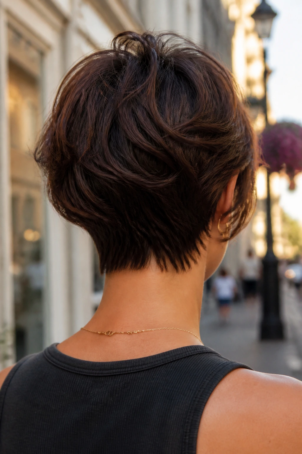 Back-of-head view of a real woman showing tapered nape shag in urban light