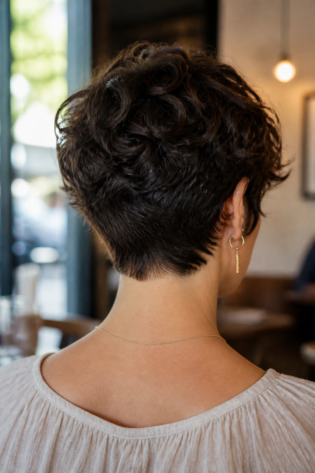 Back-view portrait of a real woman with a tapered nape shag in a cafe setting.
