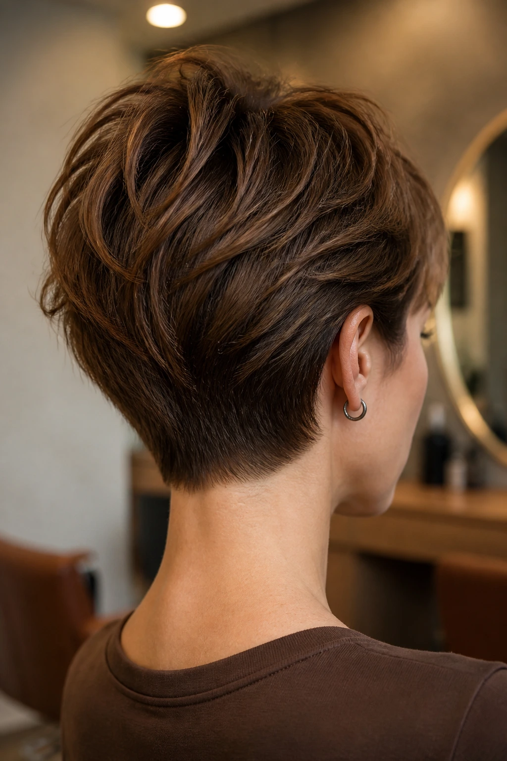 Back view of real person with tapered nape shag showing neat neckline.