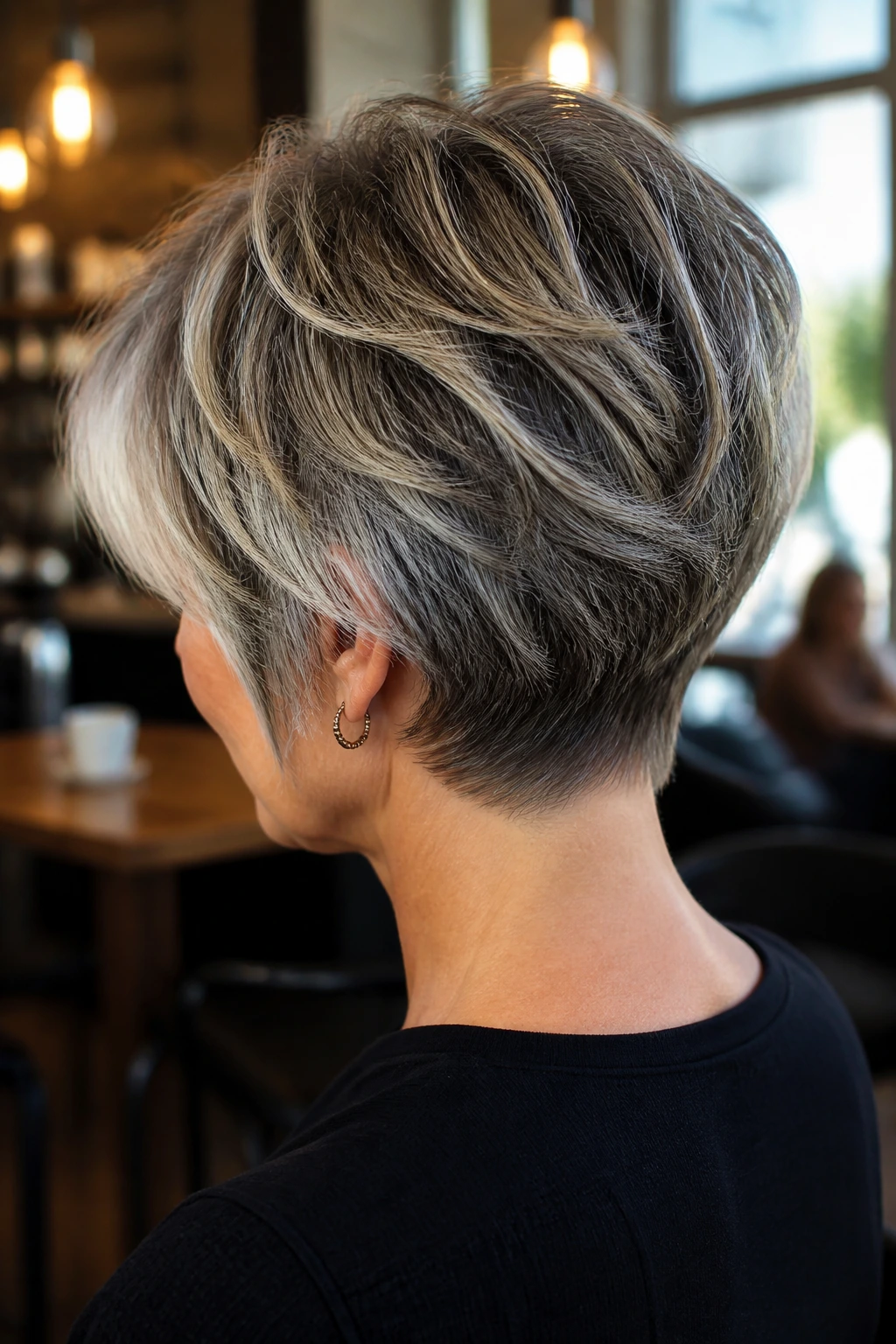 Rear-three-quarter portrait of a real woman with tapered nape shag bob
