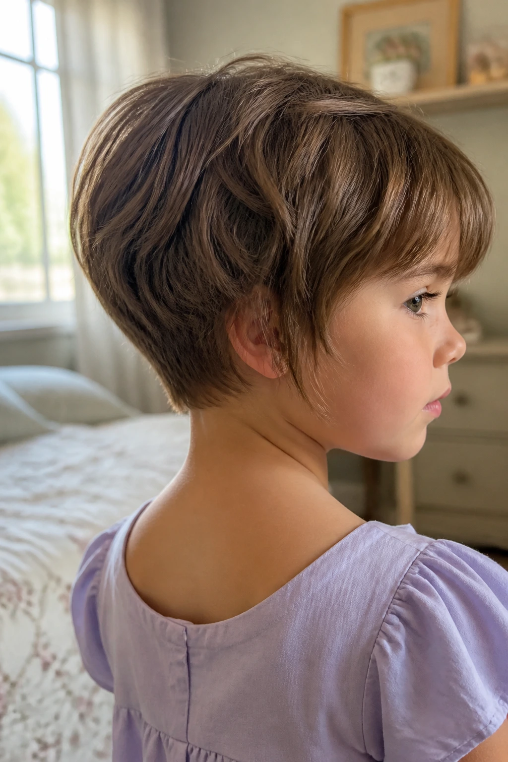 Close-up of a young girl with a tapered nape shag showing a neat neck fade