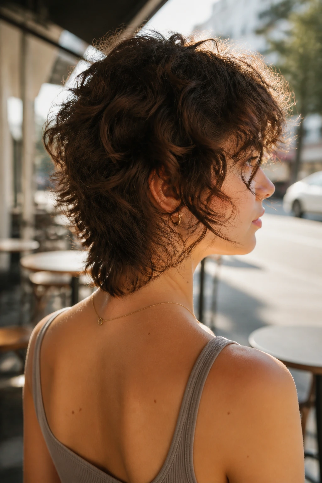 Close-up of woman with tapered nape shag showing lighter back and movable front hair