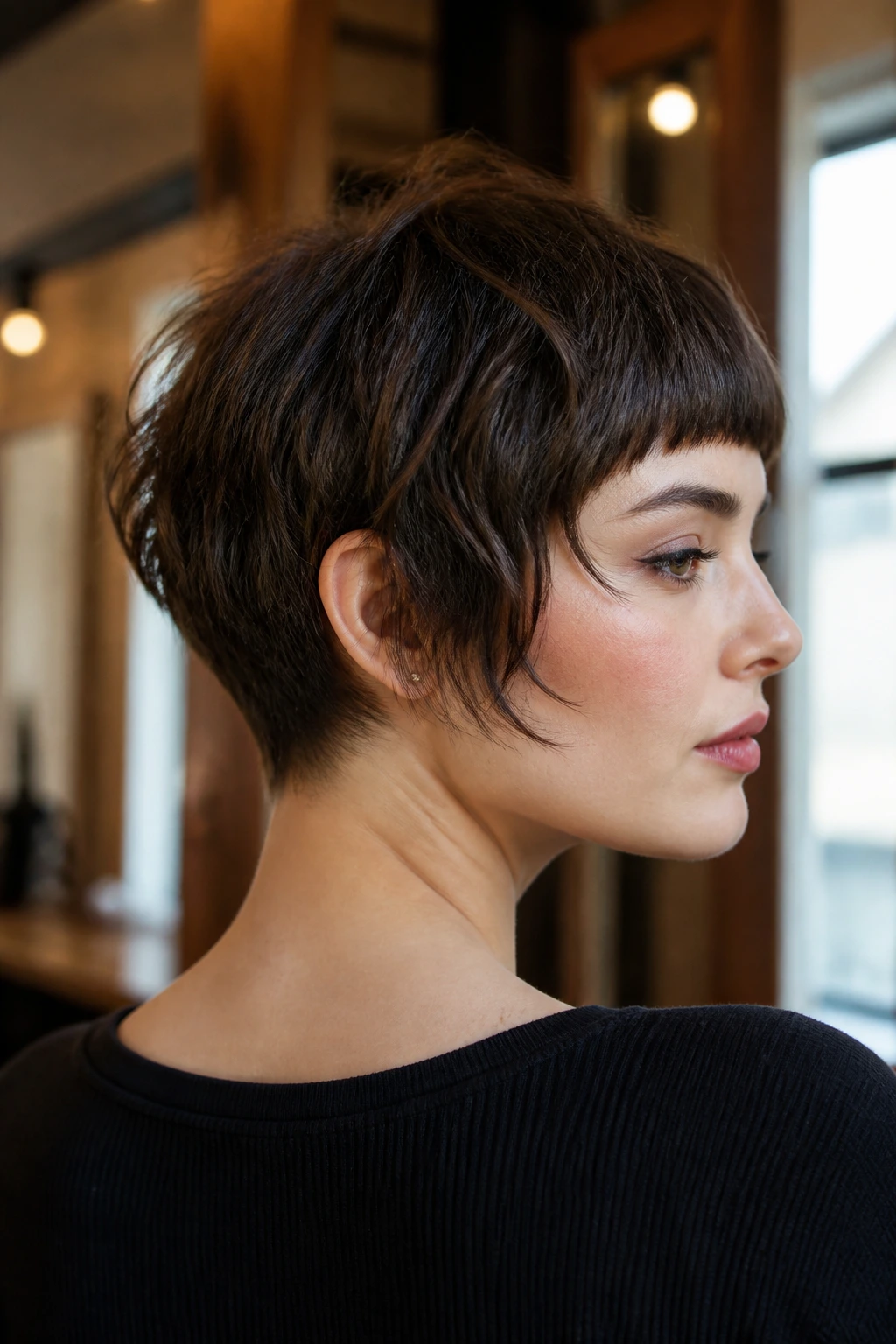 Close-up of real woman in salon with tapered nape shag and fringe