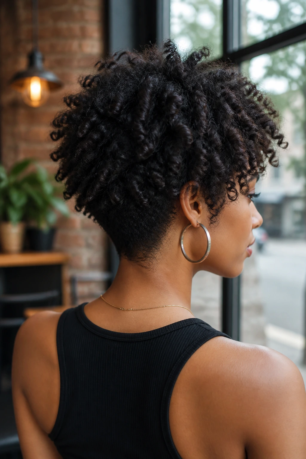 Back-of-head view of a real woman with Tapered Nape Shag showing a clean tapered neckline