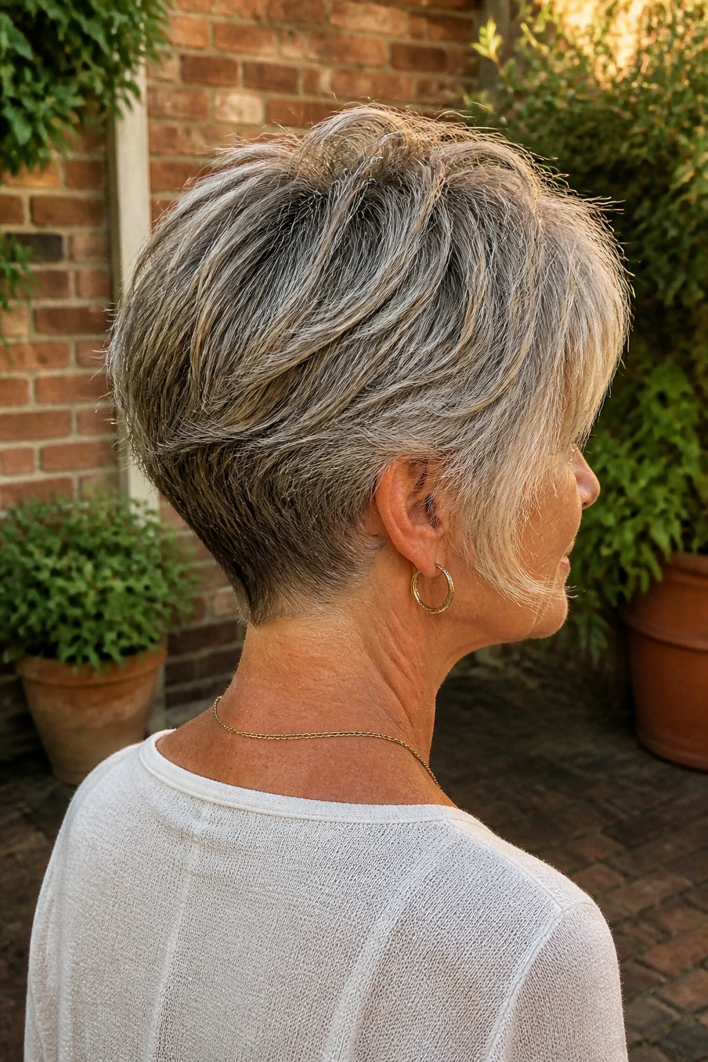 Real woman with tapered nape shag showing clean back neck