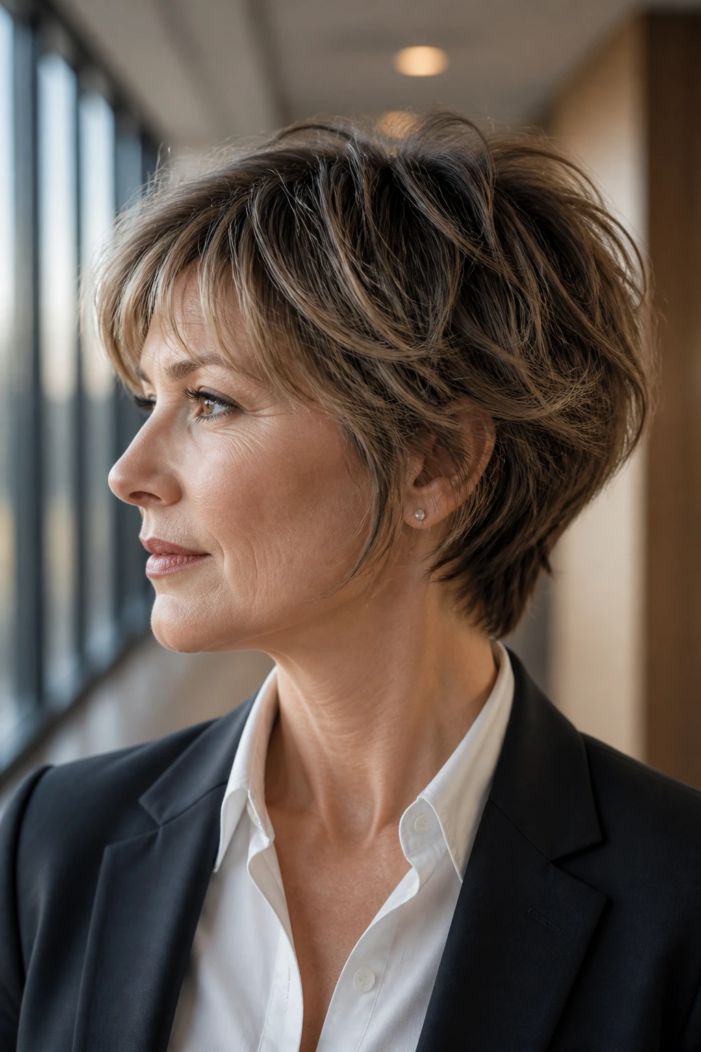 Close-up portrait of a woman with tapered nape shag in an office setting