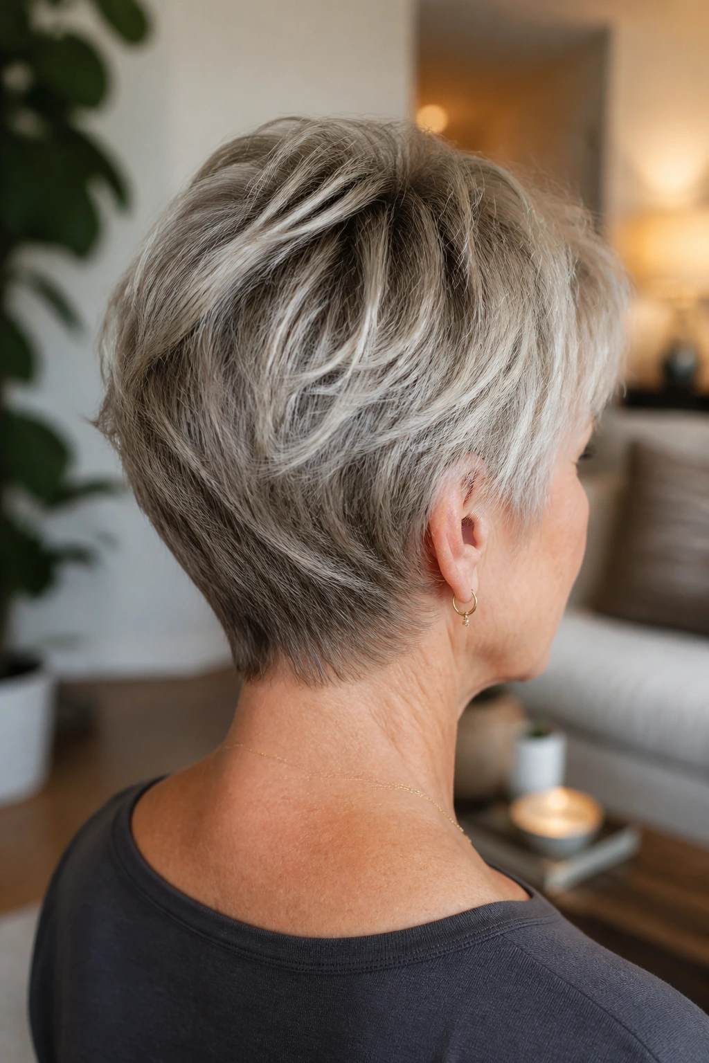 Rear-side view of woman with soft tapered nape shag in home setting