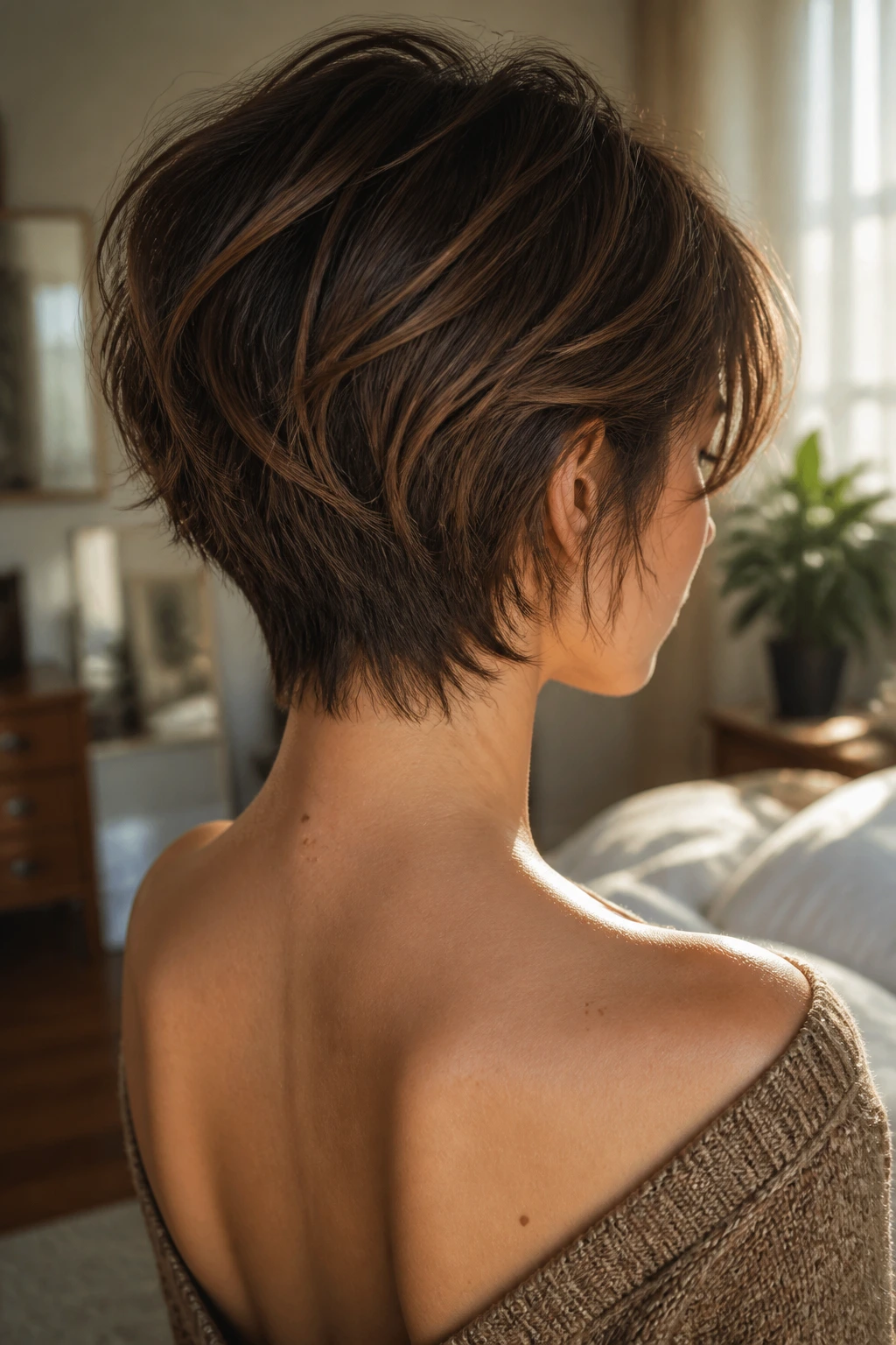 Rear-view close-up of a real person with tapered nape shag at the neck